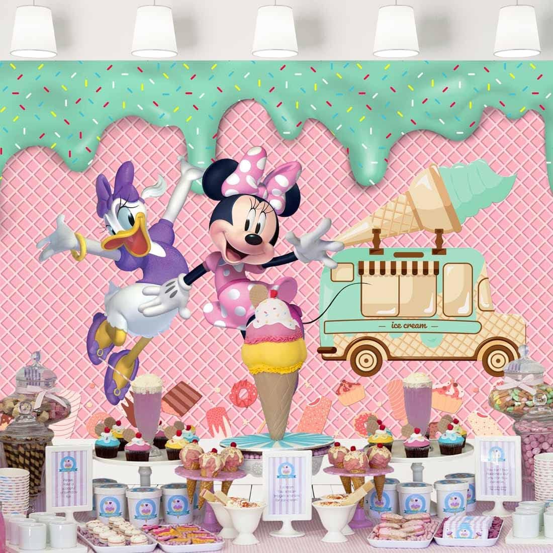 Telón de fondo de helado con temática de Minnie Mouse y Daisy, fondo rosa menta para cumpleaños de 3 y 4, decoración de baby shower, pancarta de