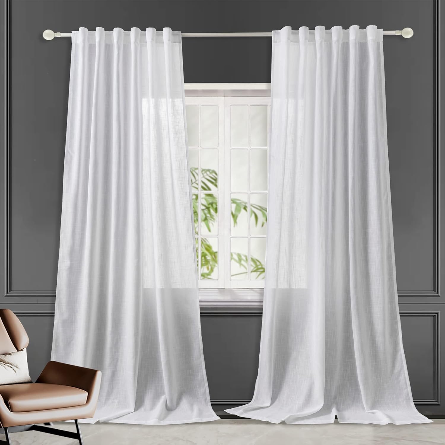 Hoydumuia Cortinas de lino blanco puro de 63 pulgadas de largo con pestaña trasera, bolsillo con lazo y textura de algodón, juego de 2 paneles de