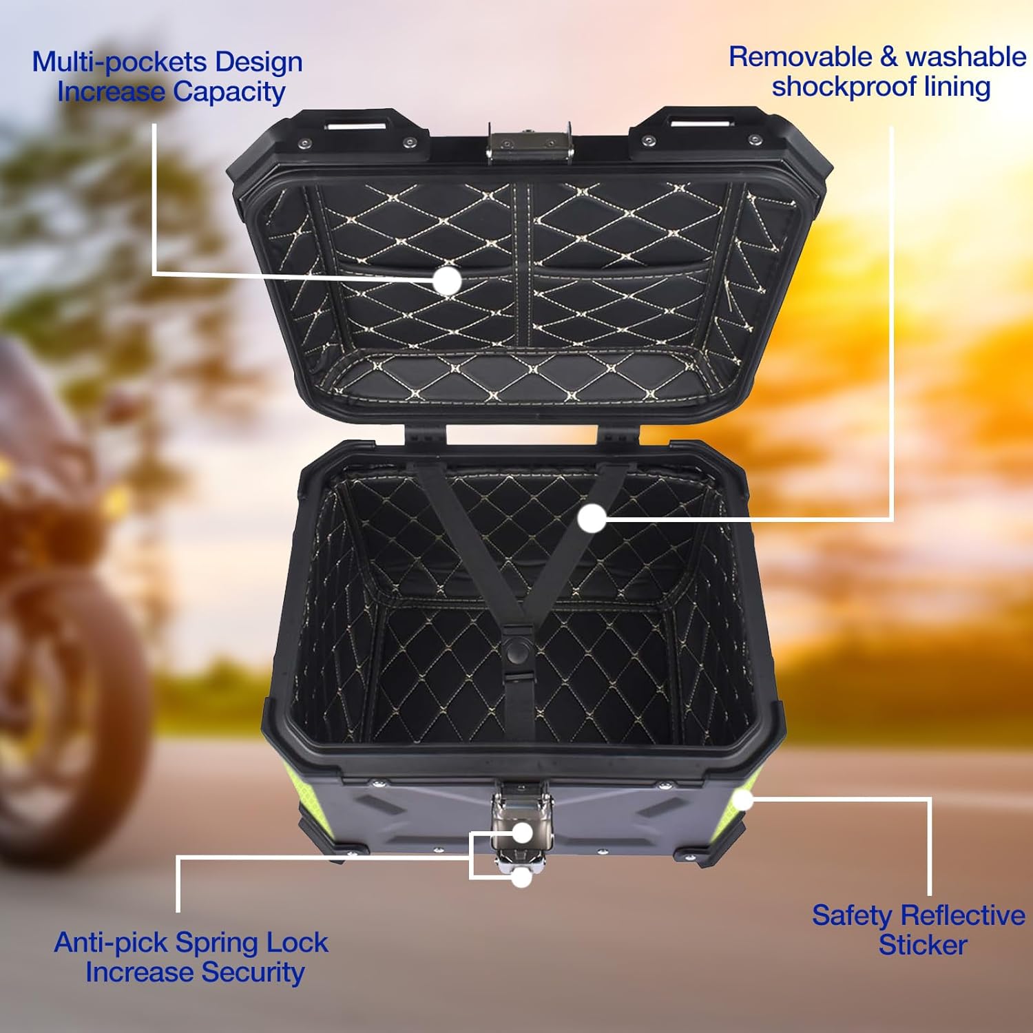 Maleta superior de motocicleta negra de 45 L, caja superior de aluminio impermeable para maletero de motocicleta, caja de cola con cerradura de