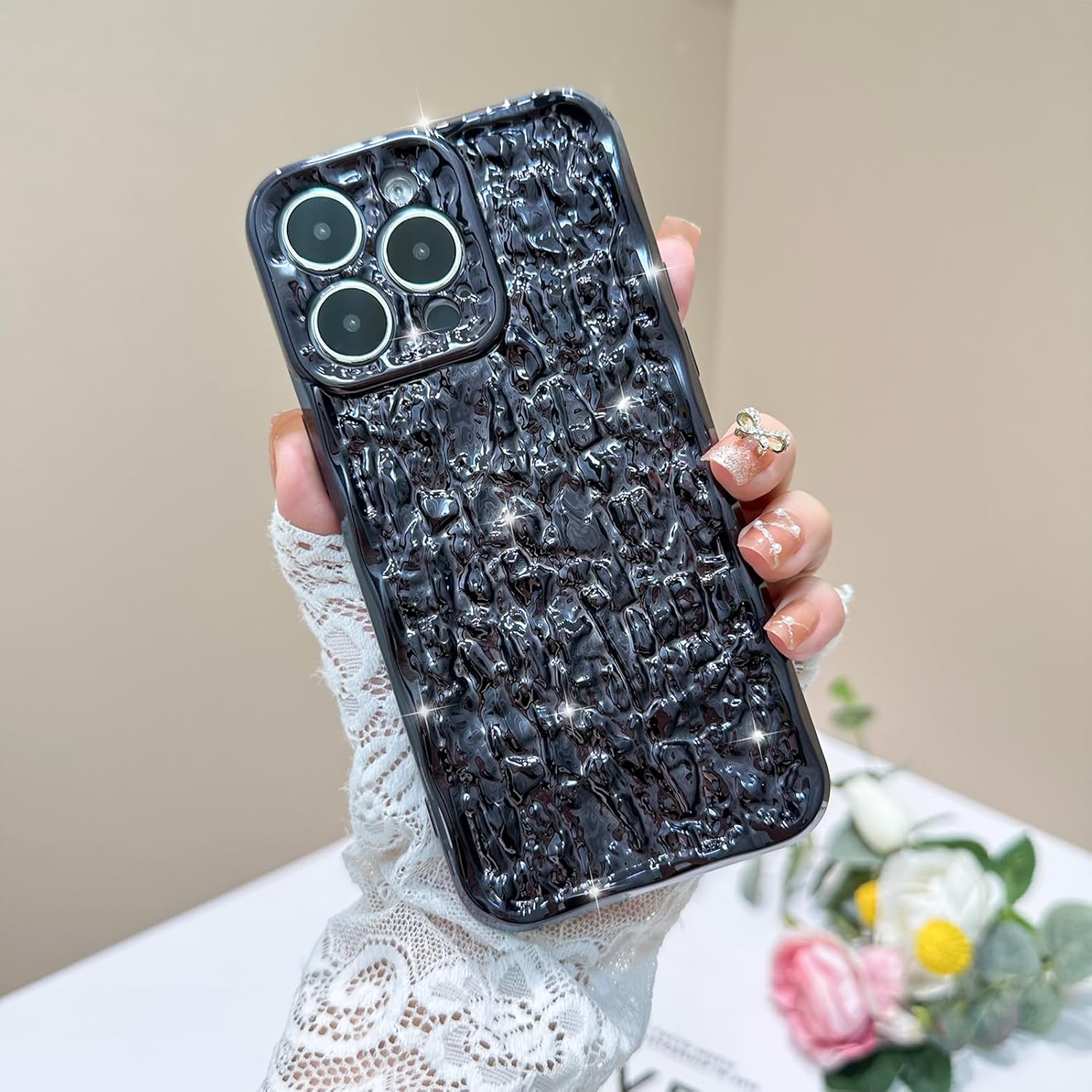 MZELQ Funda para iPhone 14 Pro Max, diseño de lujo, diseño de lámina, plisada, elegante, ondulada, para niñas y mujeres, galvanoplastia de