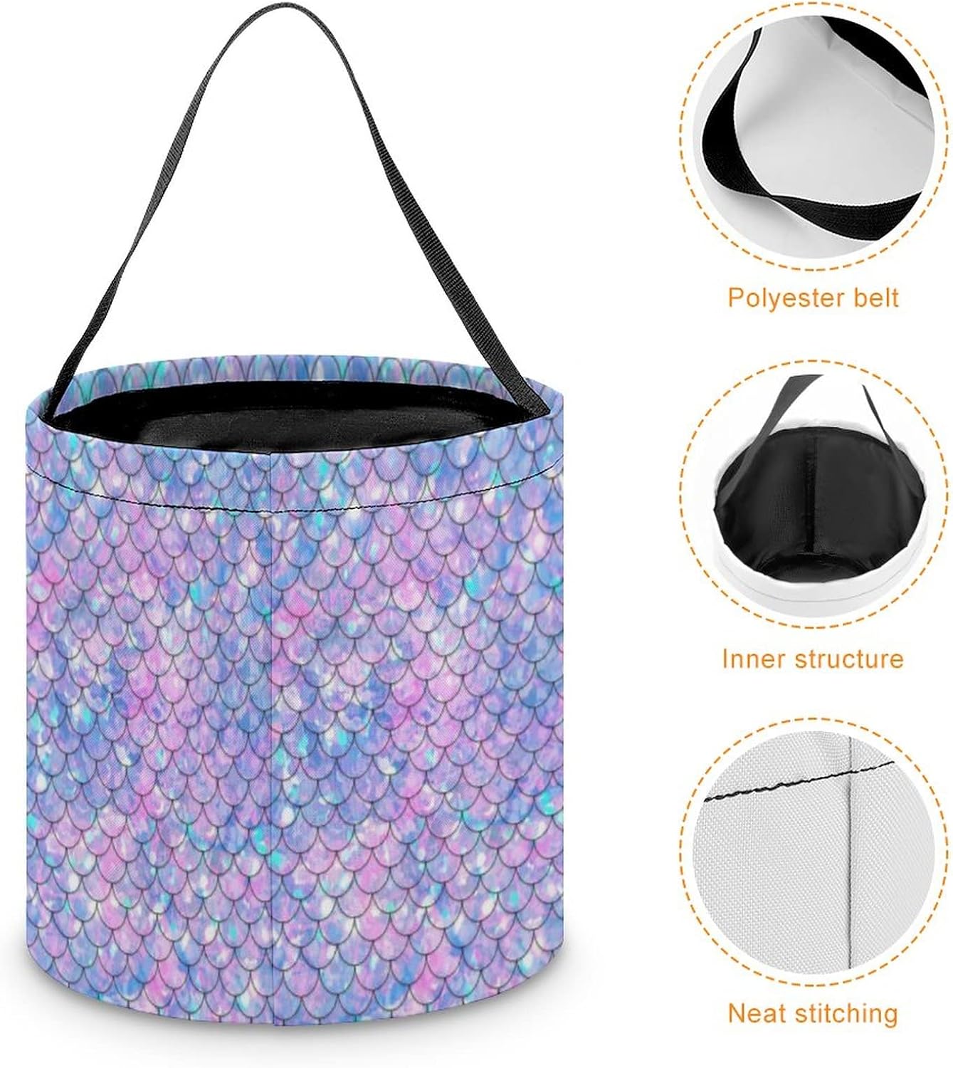 Cubo de cubo de Halloween con diseño de sirena arcoíris, bolsa de dulces para niños, decoraciones de Halloween
