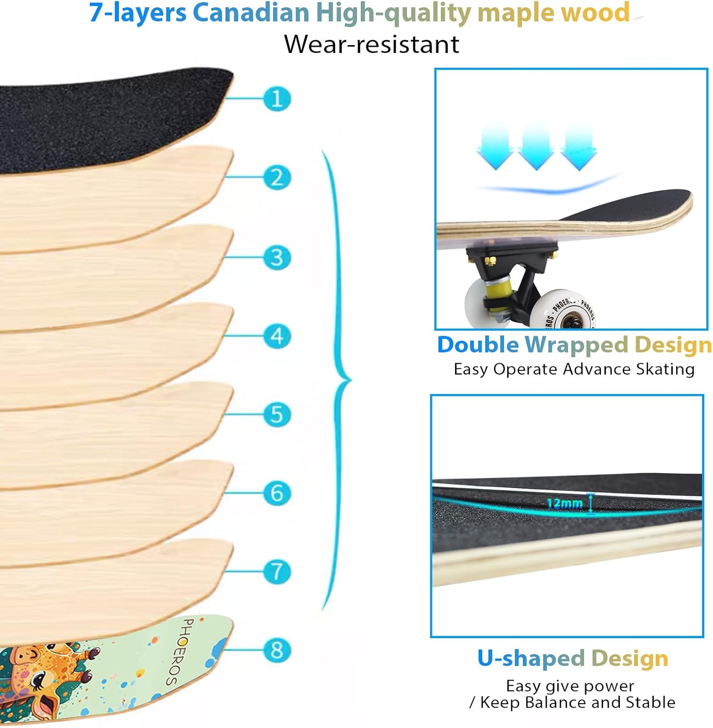 DIY Complete Skateboards- Standard Skateboards for Beginners Kids Boys Girls Teenager- 31”x 8”Canadian Maple Cruiser Pro Skate Board, Skateboards