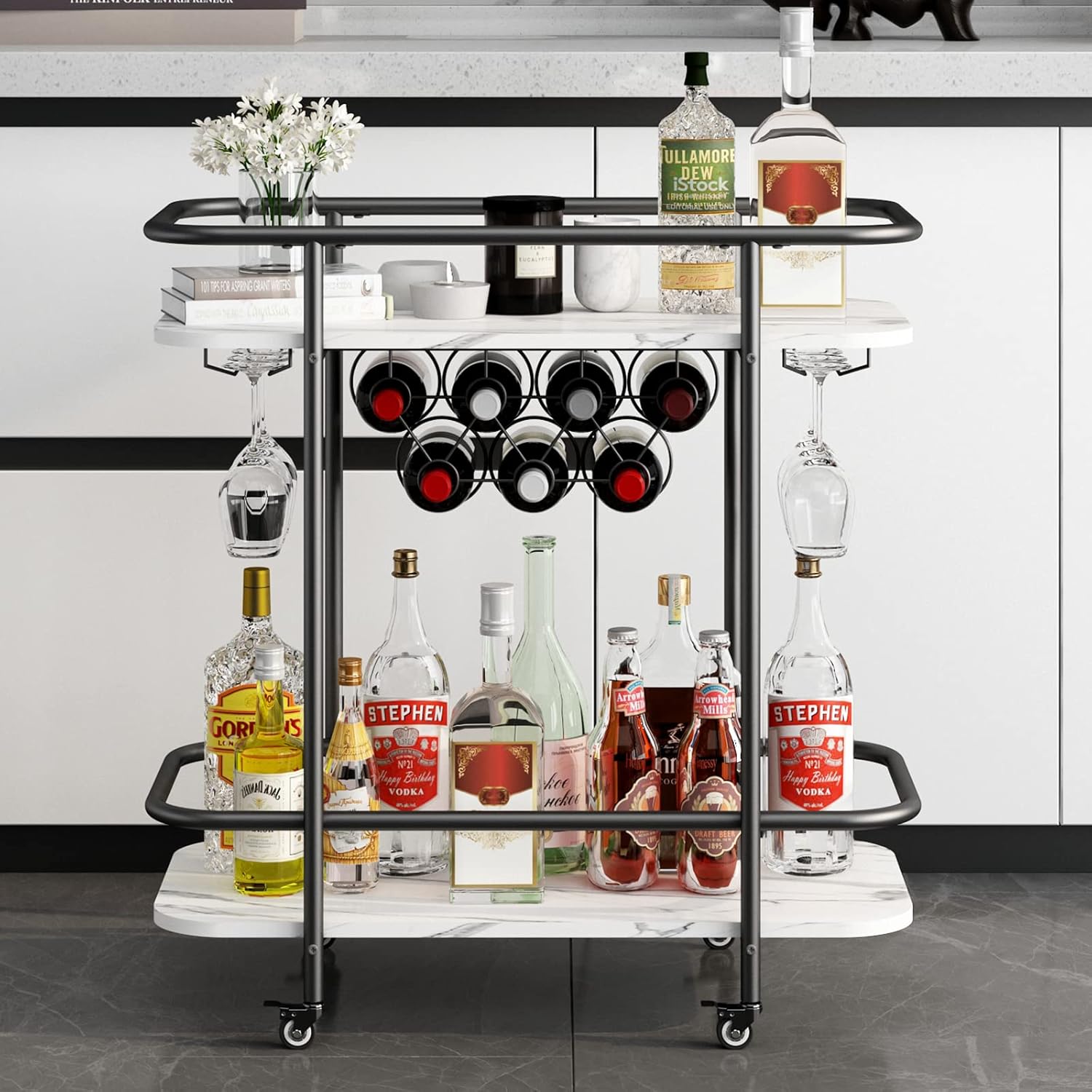 Benoss Black Home – Carrito de bar con ruedas, carrito de vino móvil con soporte para vidrio y estante para vino, moderno carrito de bebidas para