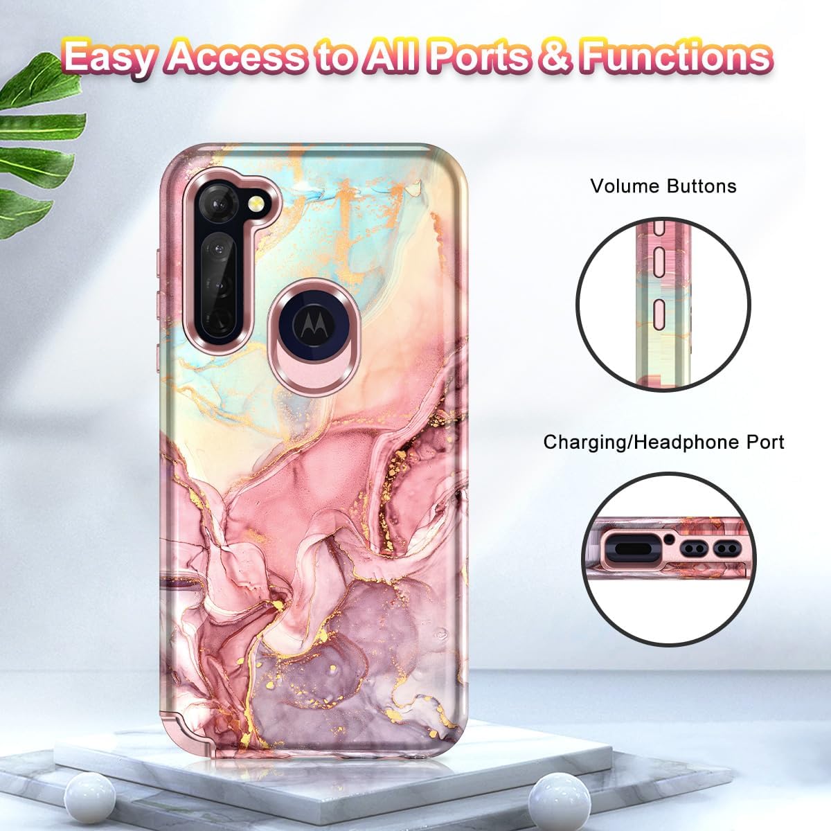 Btscase Funda para Moto G Stylus 2020, resistente de tres capas de mármol, a prueba de golpes, cuerpo completo, policarbonato duro y TPU suave,