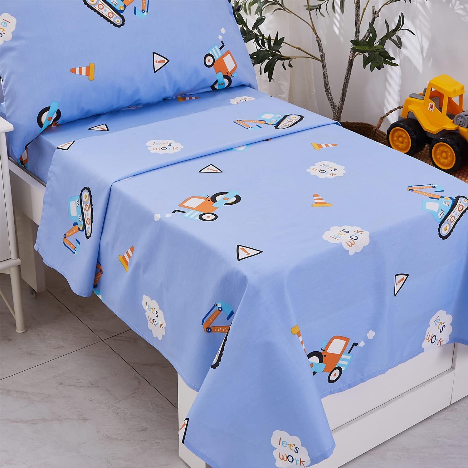 Brandream Juego de ropa de cama para niños pequeños, diseño de vehículos excavadores de construcción, cama de guardería en una bolsa, colcha de