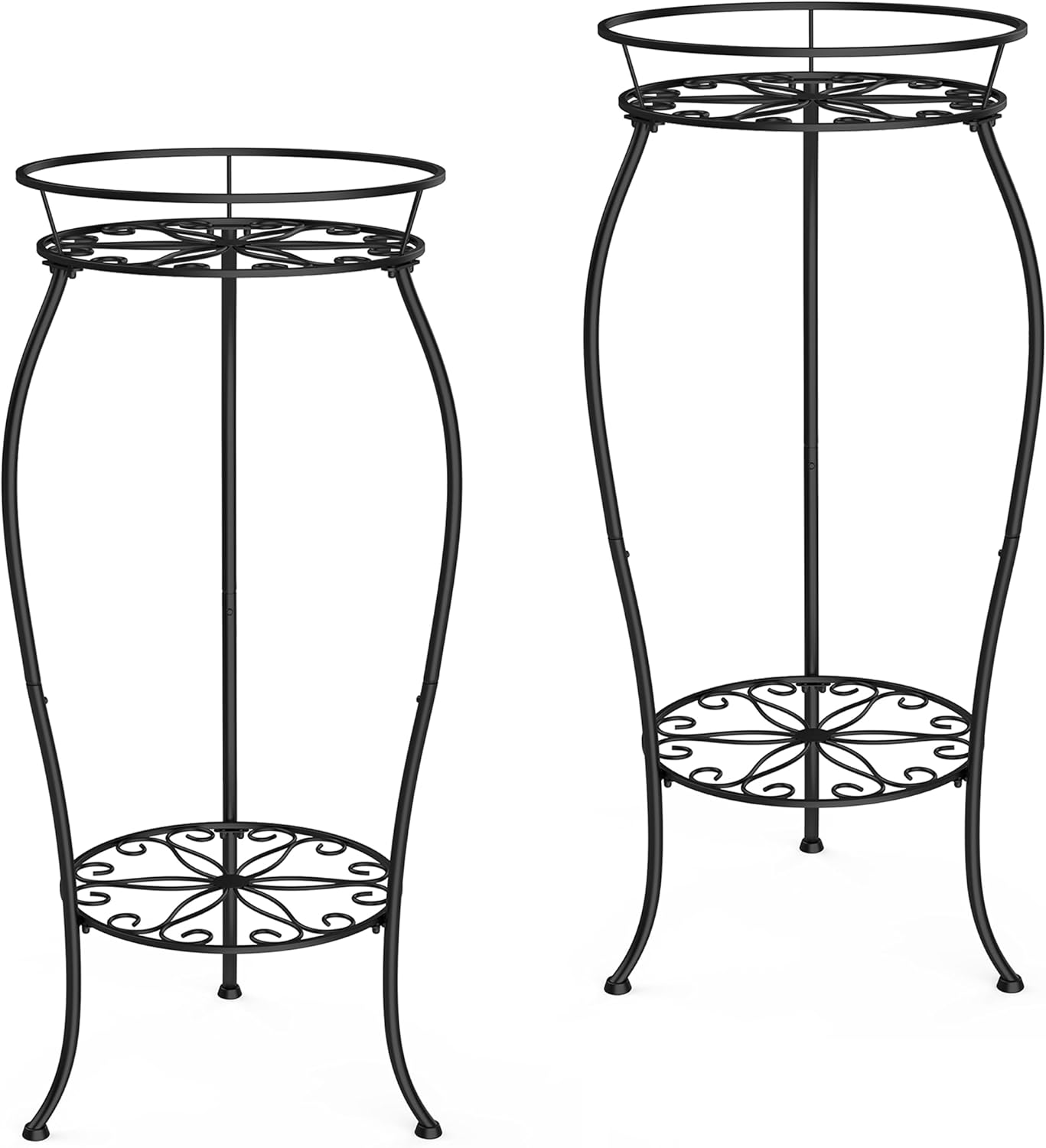 FaithLand Paquete de 2 soportes de metal para plantas, soporte alto para macetas interiores y exteriores, estante redondo de 2 niveles para maceta,