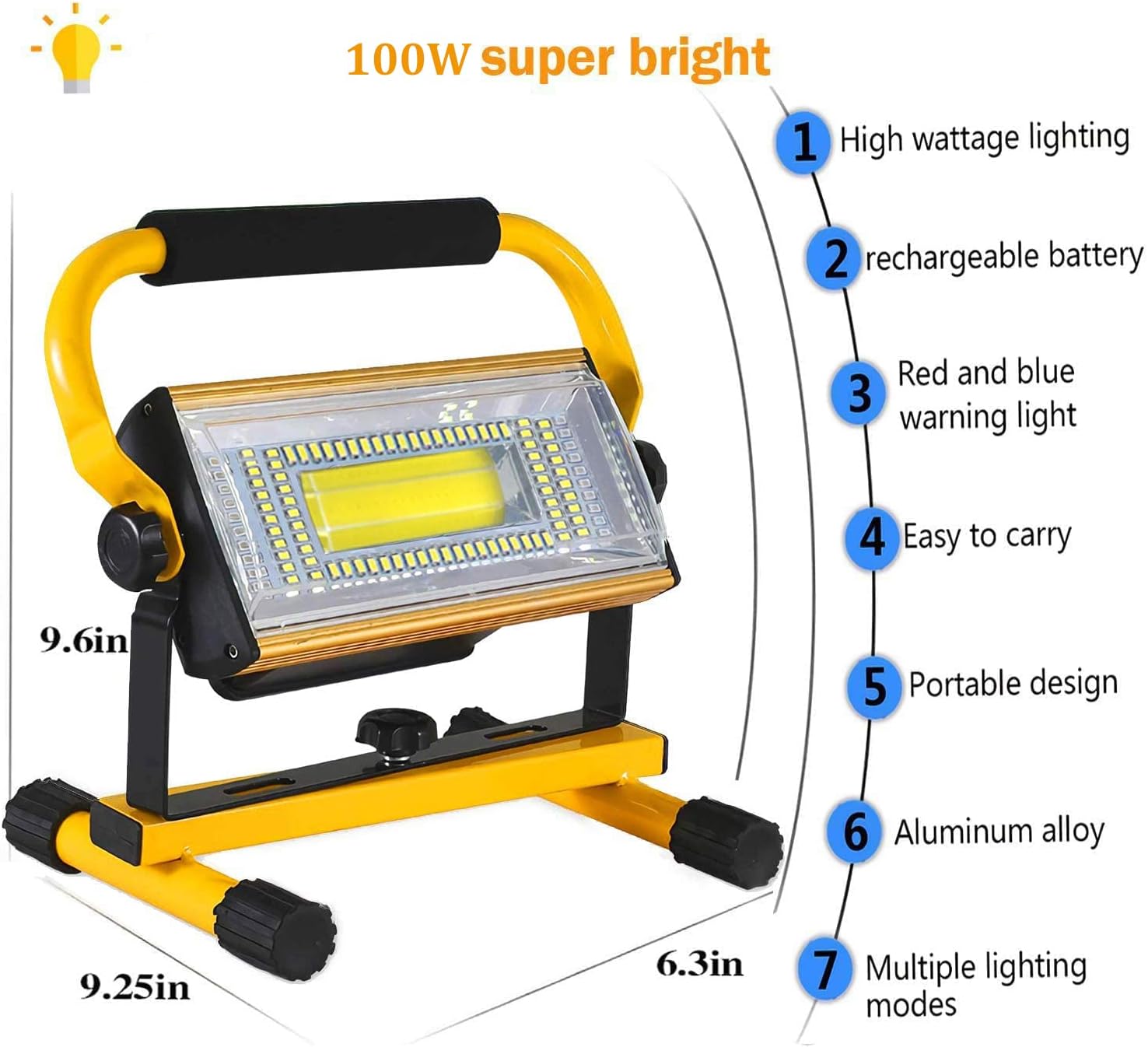 Luz de trabajo LED portátil recargable de 100 W, súper brillante, 7000 lm, luces de inundación LED impermeables para acampar al aire libre,