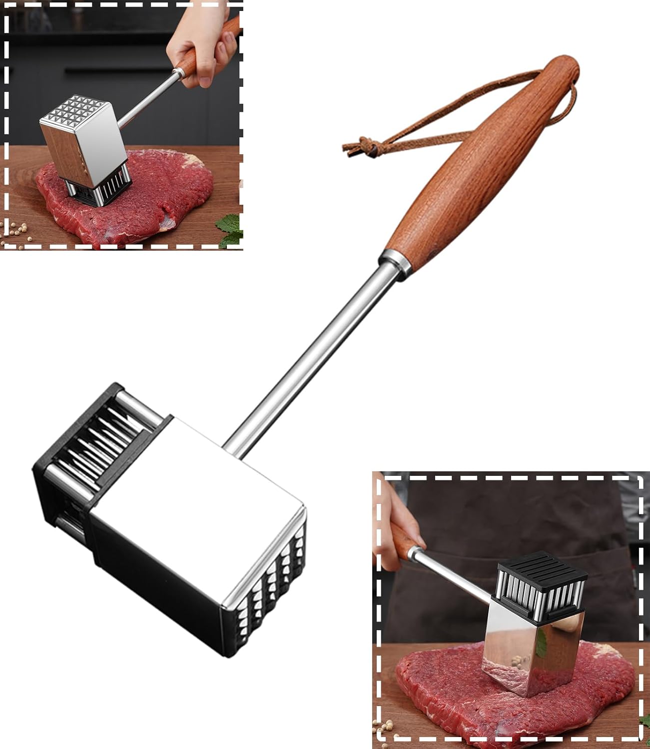 MULIRE Mazo ablandador de carne, mazo de carne y aguja de carne 2 en 1 ablandador de martillo de carne, con mango de madera antideslizante, perfecto