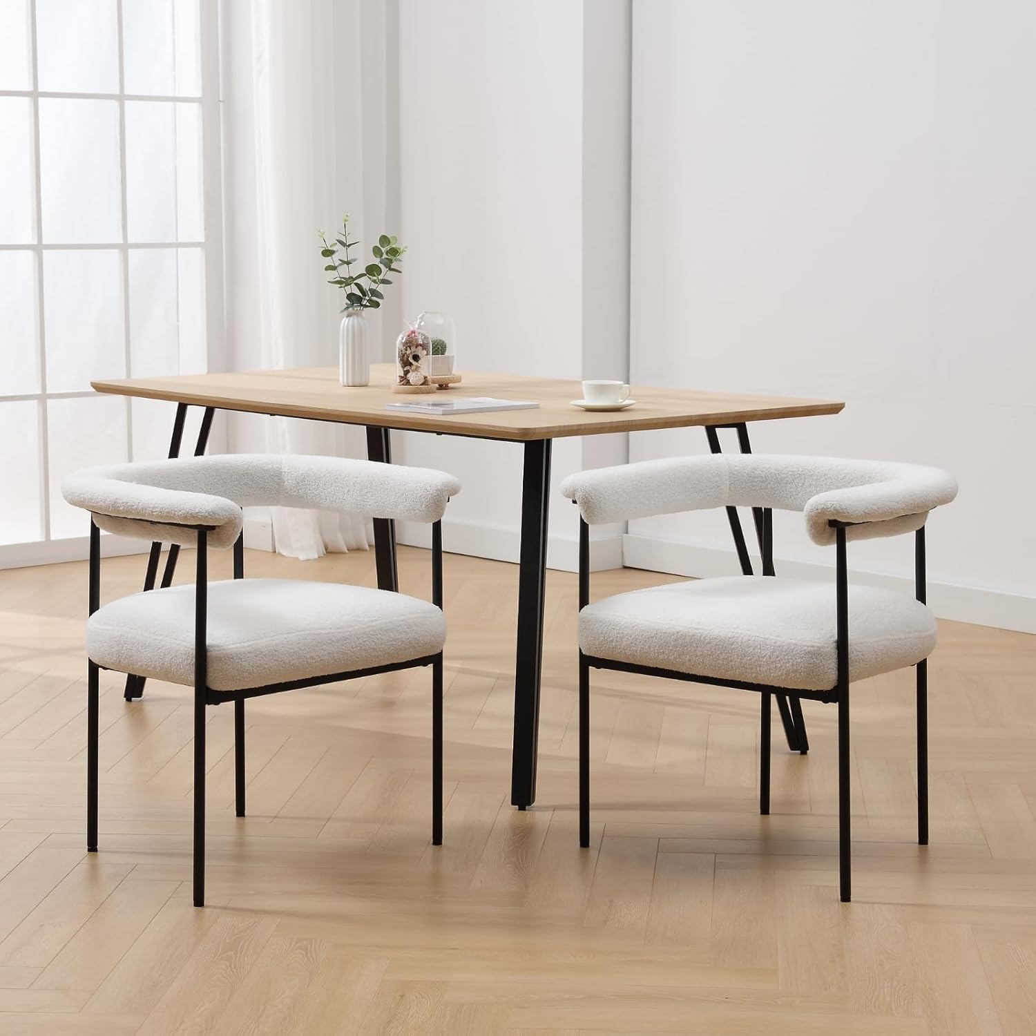 LukeAlon Juego de 2 sillas de comedor Sherpa, sillas de cocina tapizadas con respaldo abierto con patas de metal negro, respaldo curvado, sillas de