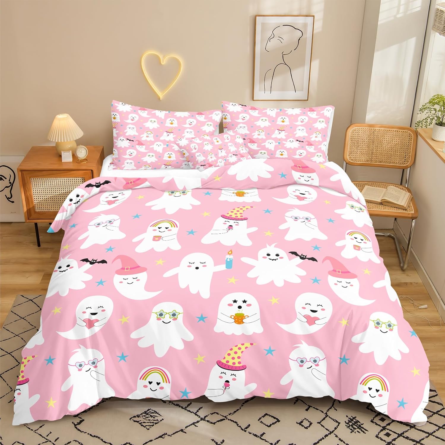 Ropa de cama rosa de Halloween, tamaño Queen, 3 piezas, juego de funda de edredón de fantasmas de dibujos animados, Halloween, lindo diseño de