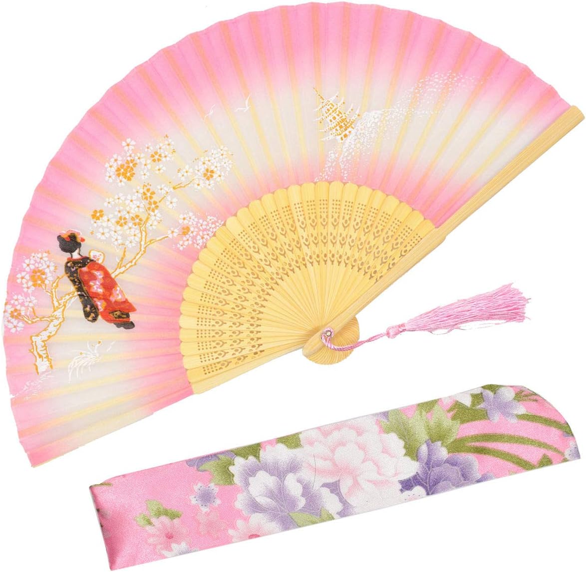 OMyTea Landscape abanico desplegable con motivo de paisaje 8,27 pulgadas con funda de tela para protección, estilo chinojaponés clásico. Ideal para