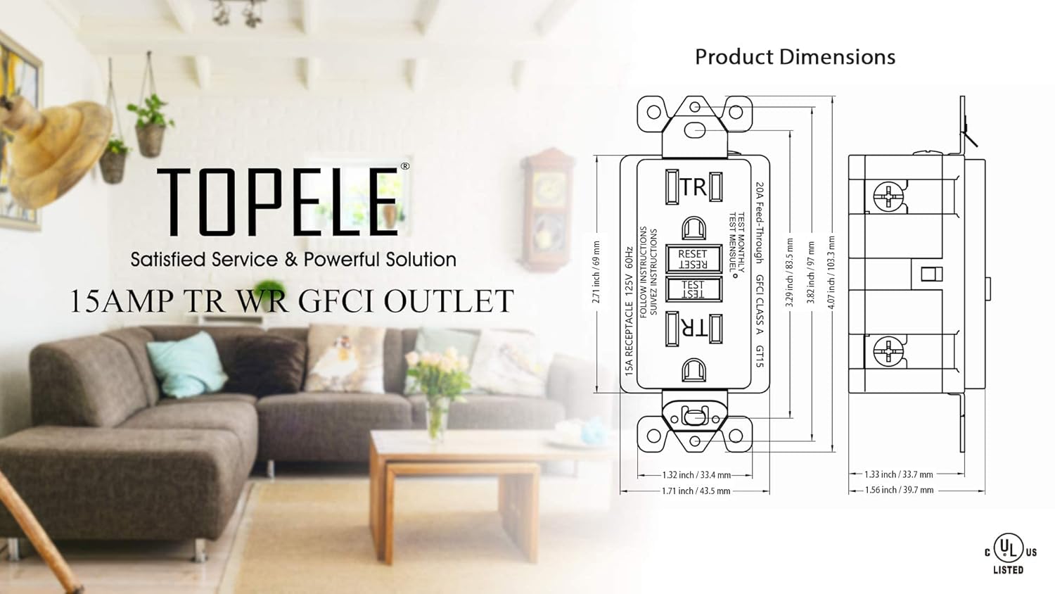 15Amp 125V de salida GFCI, resistente a la manipulación, receptáculo, indicador con luz LED, tapa de Nylon y tornillos incluidos, color blanco