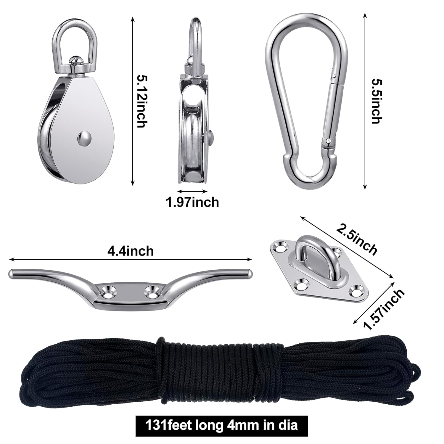 Shappy Juego de 9 unidades de sistema de polea M50 Bloque de polea de grúa, sistema de polea para elevación, gancho giratorio de acero inoxidable,