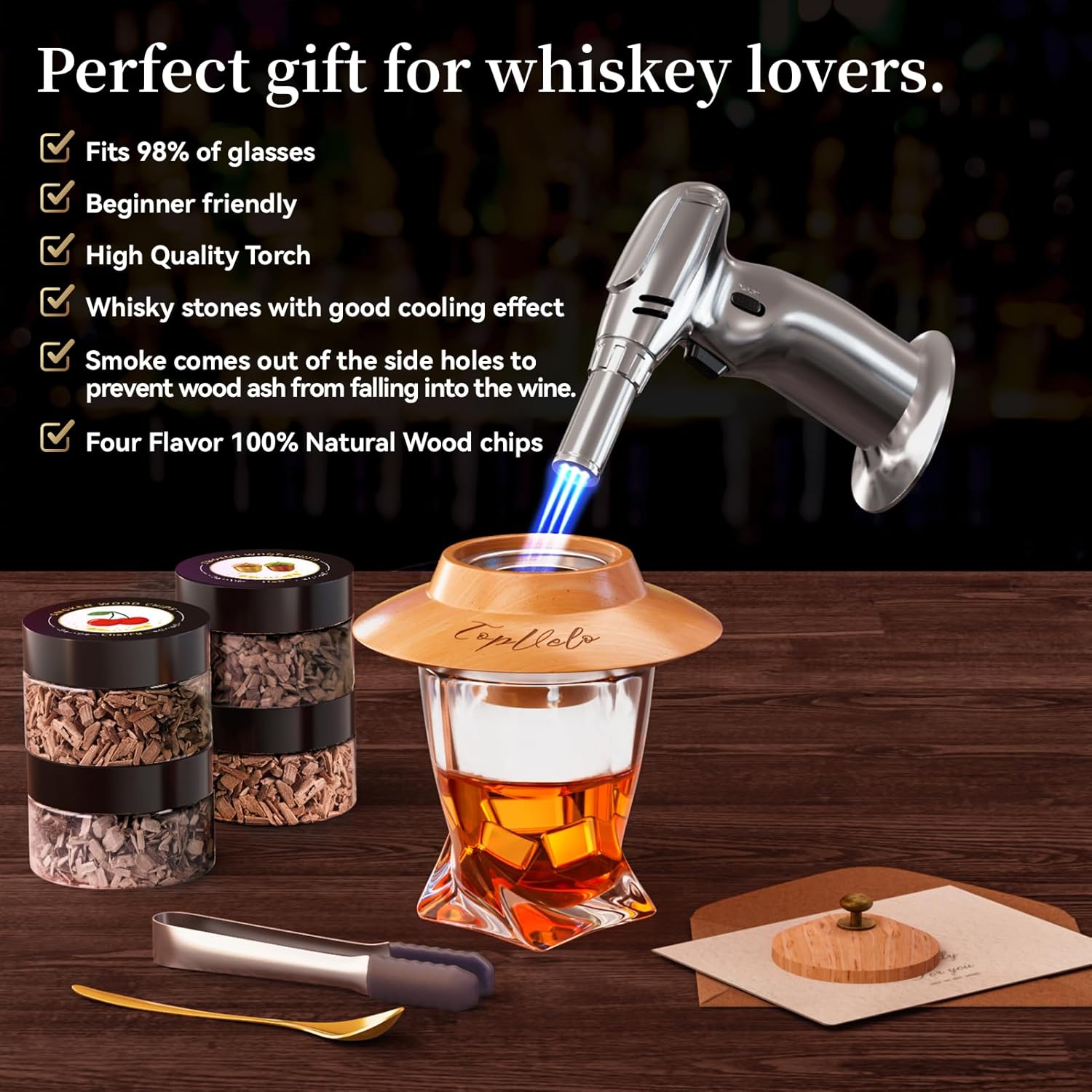 Kit de ahumador de cóctel con antorcha de triple llama, chips de madera de 4 sabores y 3 piedras de whisky para whisky y bourbon, kit de infusor de