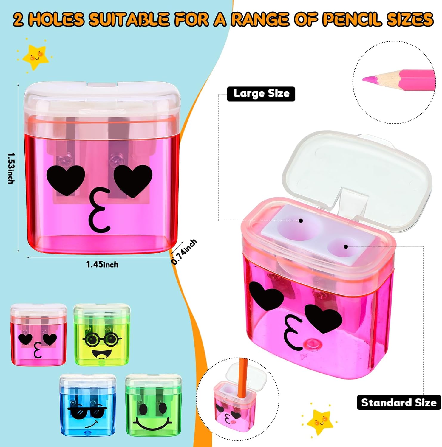 100 sacapuntas manuales de mano con doble agujero, con tapa, colorido sacapuntas Kawaii para niños, adultos, escuela, oficina, hogar, 4 estilos