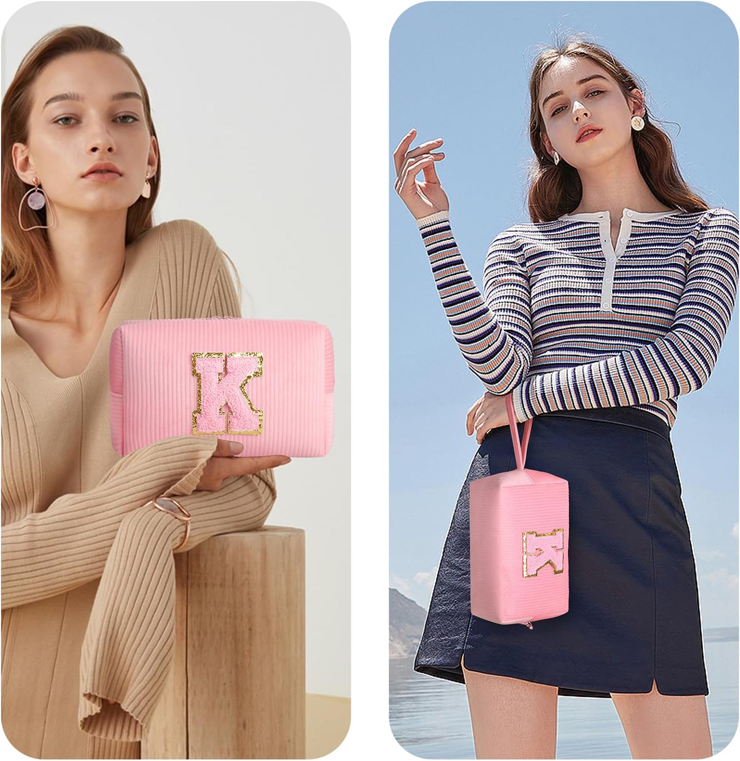Bolsa de cosméticos pequeña para cosméticos, organizador de bolsas de maquillaje de pana rosa, bonitos regalos personalizados para mujeres, bolsa de