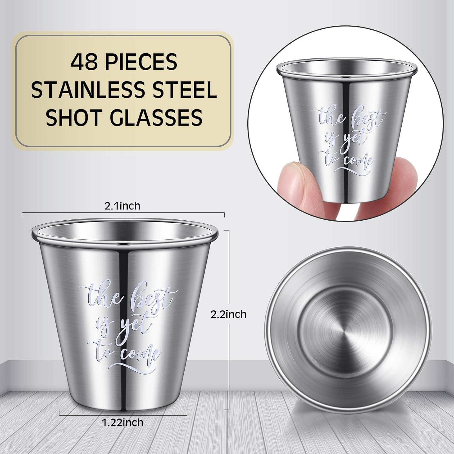 Juego de 48 vasos de chupito de acero inoxidable de 2.3 onzas, regalos de boda, inspiradores y divertidos, pequeños vasos de chupito de metal, vasos