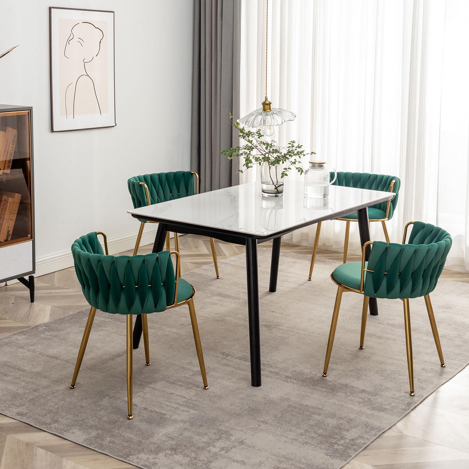 Riknuxi Juego de 4 sillas de comedor de terciopelo, modernas sillas de comedor tejidas con patas de metal, sillas de comedor tapizadas doradas para