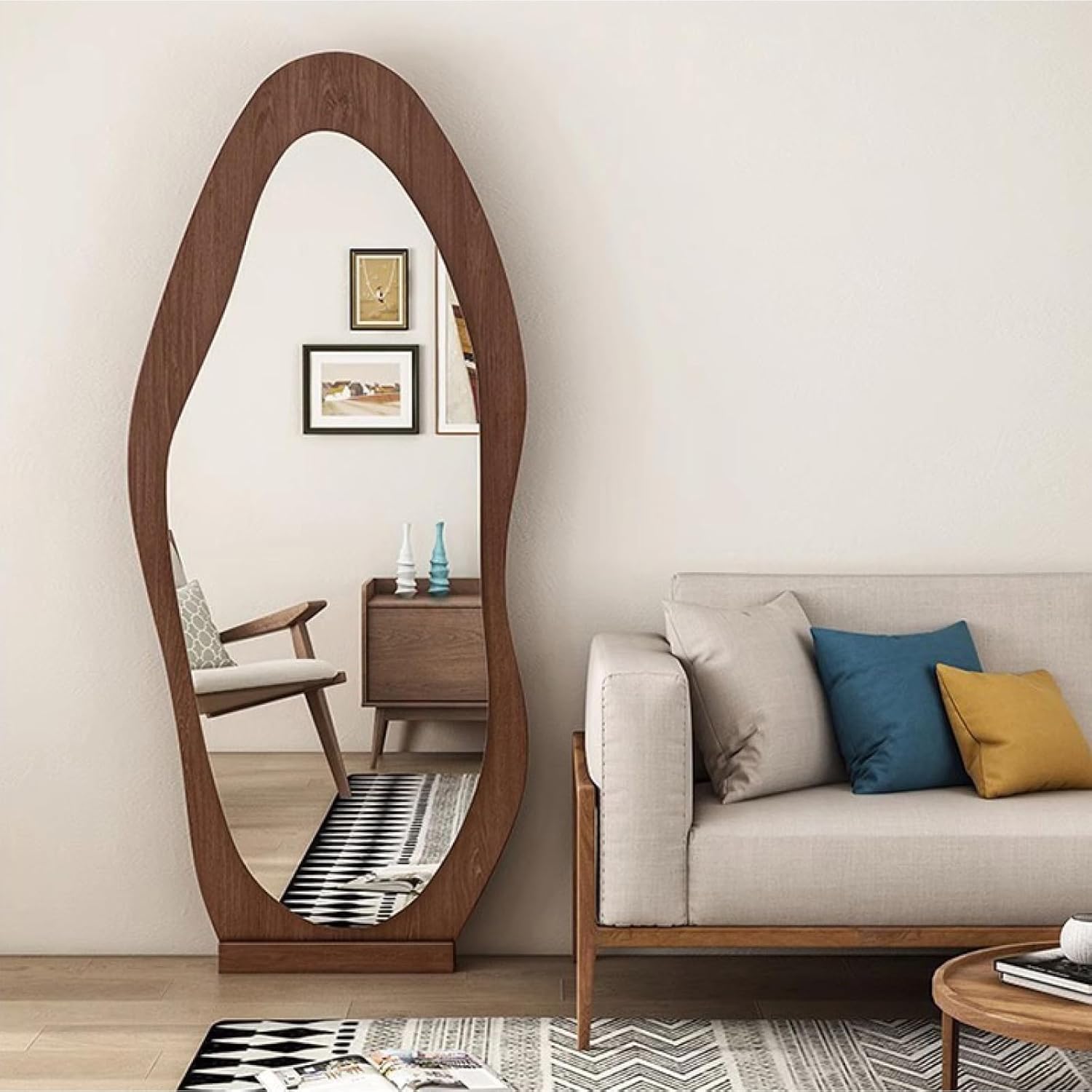 Espejo irregular de longitud completa, 63 x 24 pulgadas, espejo de suelo irregular para colgar o apoyar contra la pared para dormitorio, sala de