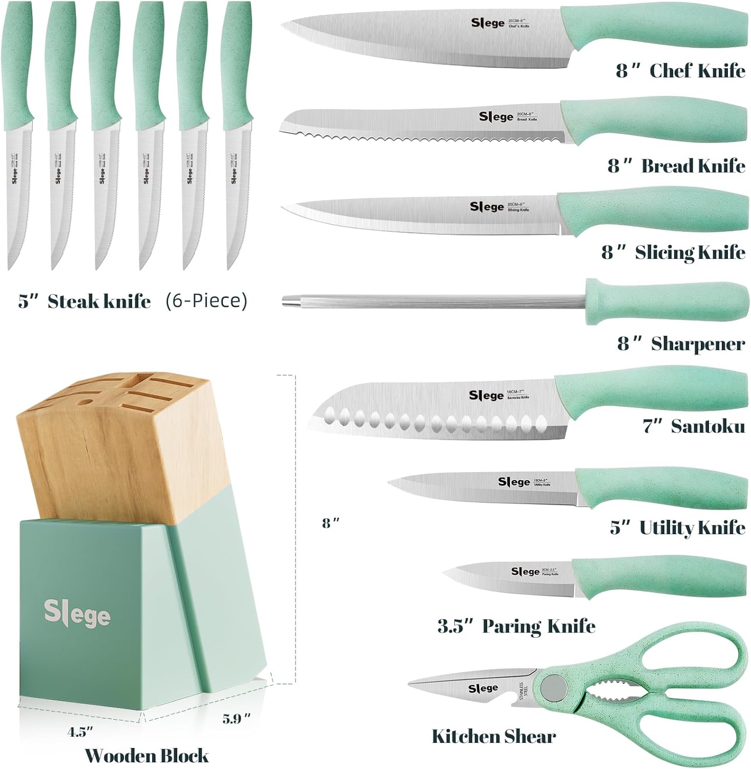 Slege Juego de cuchillos de cocina de 15 piezas con bloque, afilador y tijera, cuchillos de acero inoxidable con mango de paja extremadamente ligero