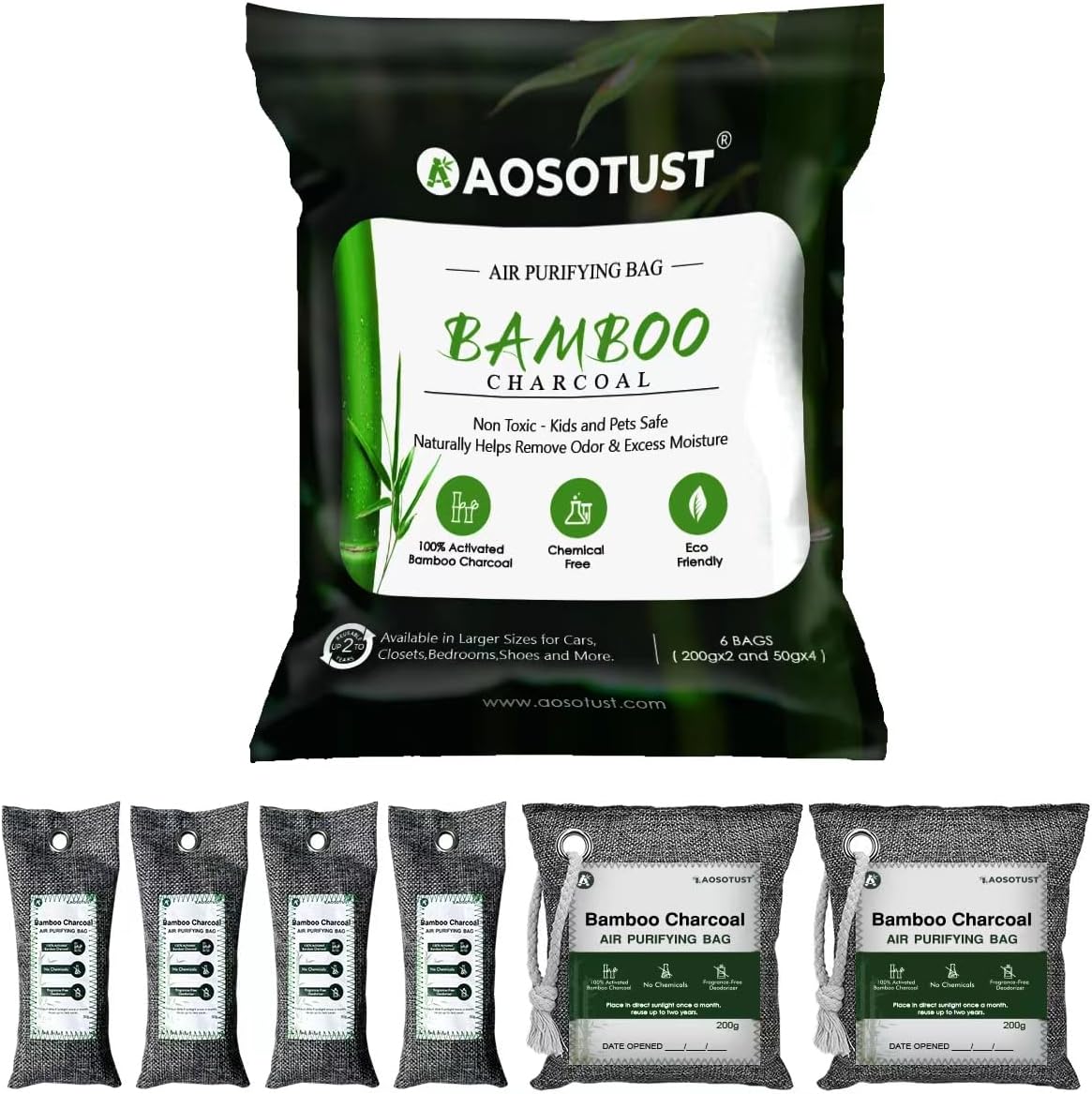 Bolsa purificadora de aire de carbón de bambú, paquete de 6, eliminador de olores para tu casillero, automóvil, armario, zapatos, baño, áreas de