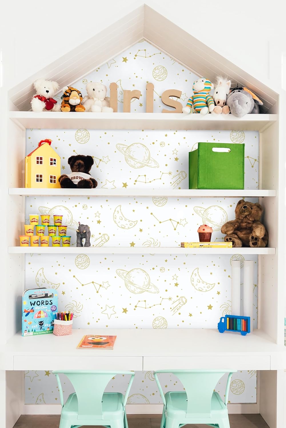 Papel tapiz de estrellas para despegar y pegar, papel tapiz dorado y blanco, con patrón de luna, autoadhesivo, impermeable, papel de contacto, lindo