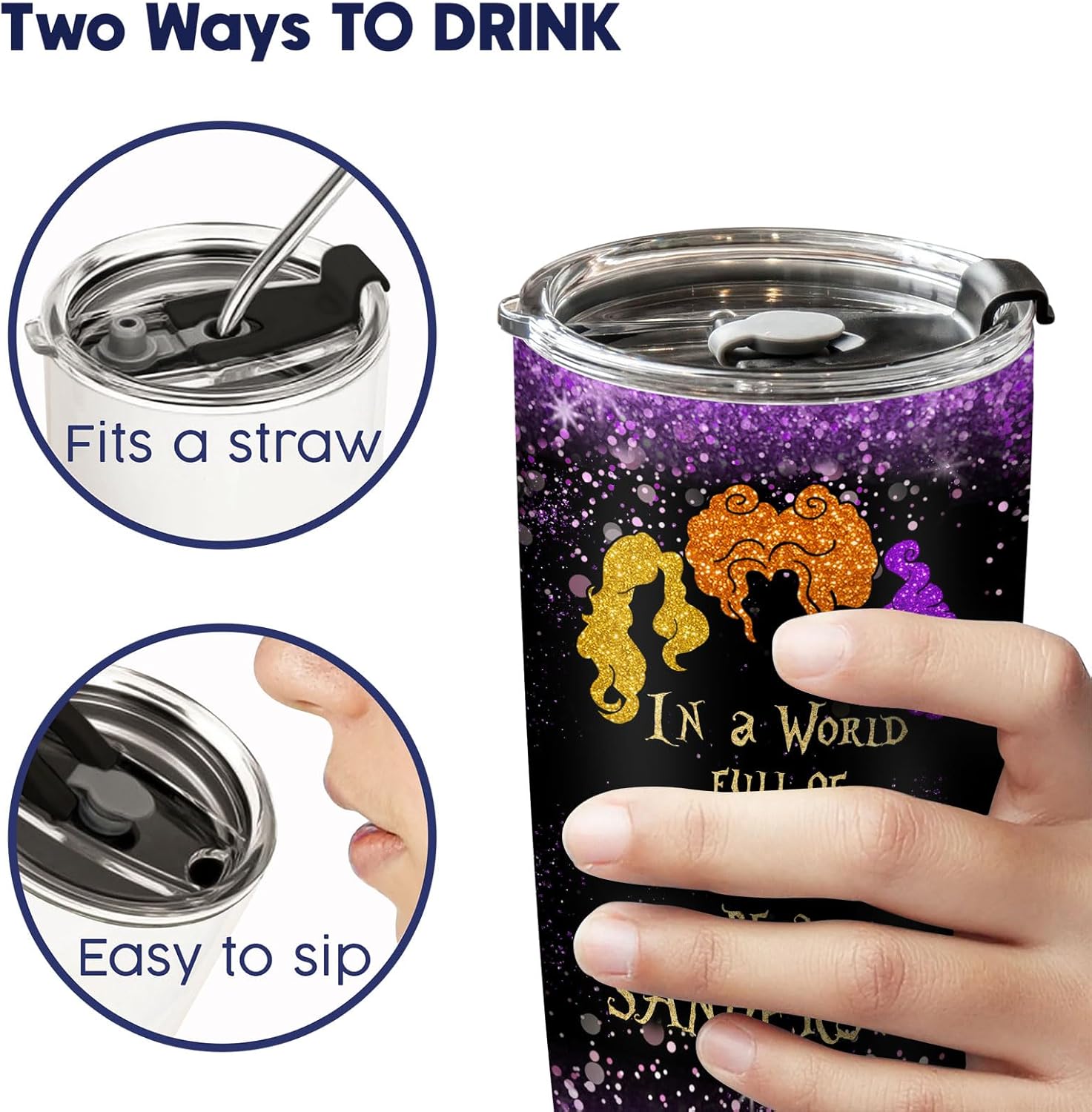 34HD Regalos de Navidad para los amantes del cine, vaso de acero inoxidable con tapa de 20 onzas, vaso de viaje de las hermanas Sanderson, regalos