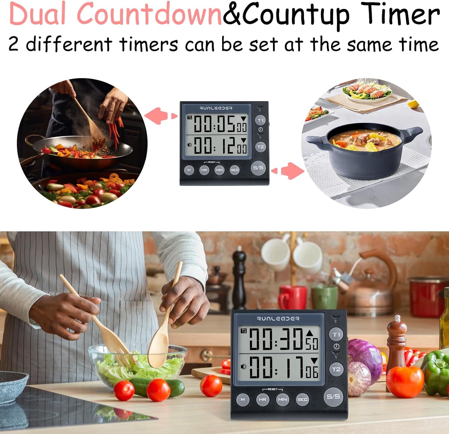 Jayron Temporizador de 2 canales con reloj temporizador de cocina temporizador magnético de cuenta regresiva reloj despertador digital de