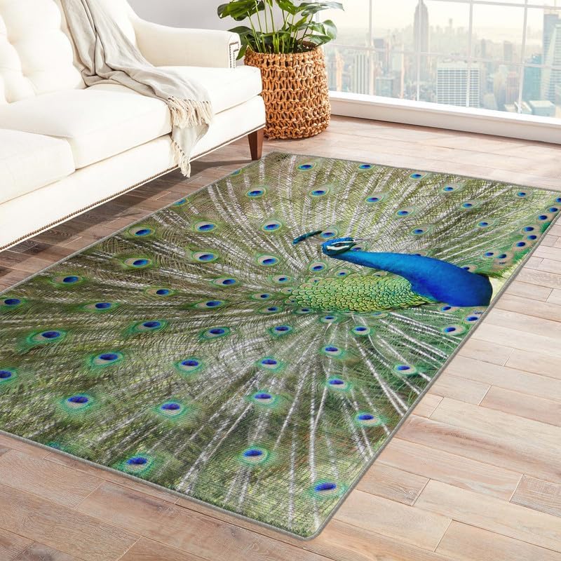 Alfombras de pavo real para entrada, dormitorio, sala de estar, alfombra de plumas de pájaro de 2 x 3 pies, lavable, antideslizante, suave, alfombra