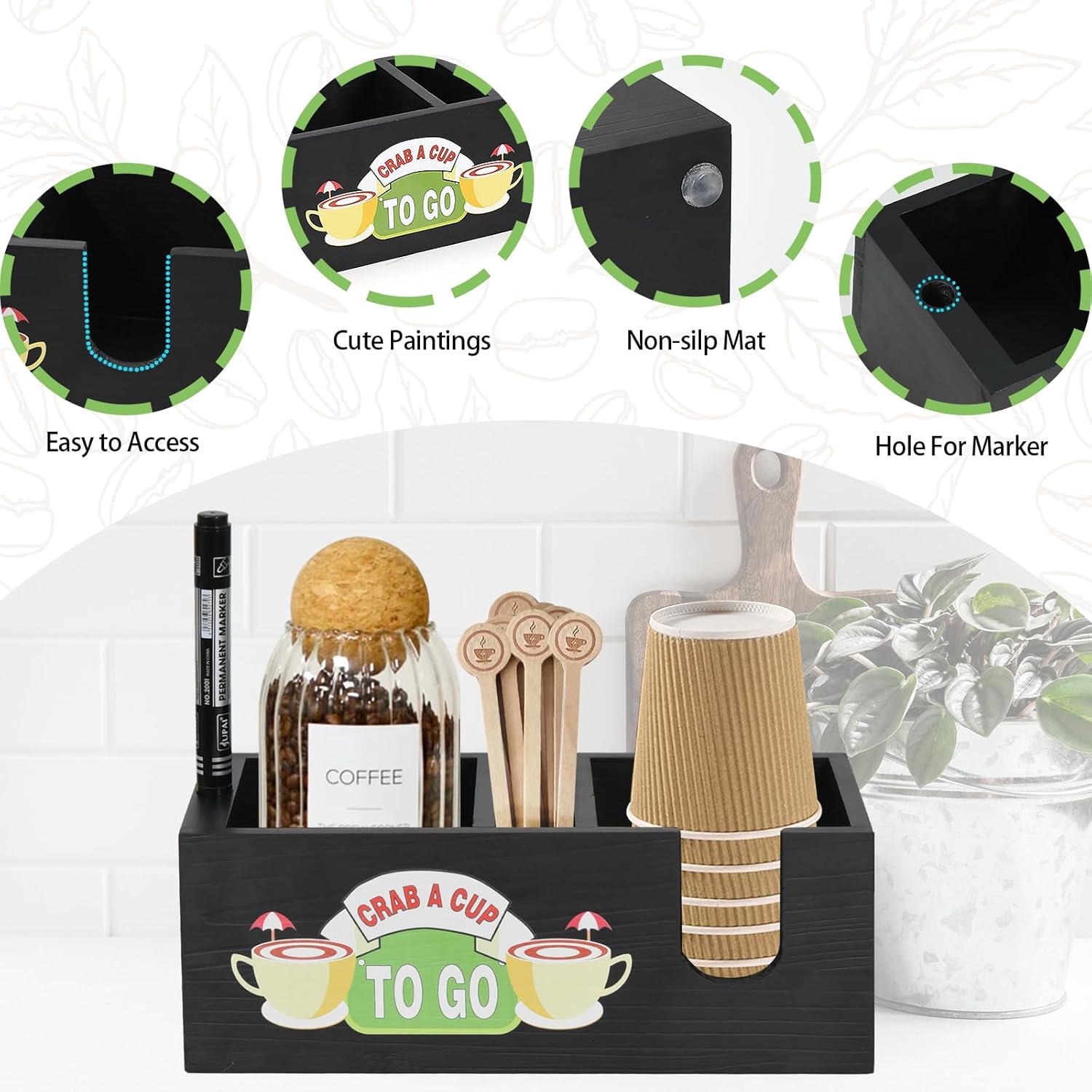 Accesorios y organizador de cafeterías dispensador de tazas de café, decoración de barra de café de madera, dispensador de tazas desechable, soporte