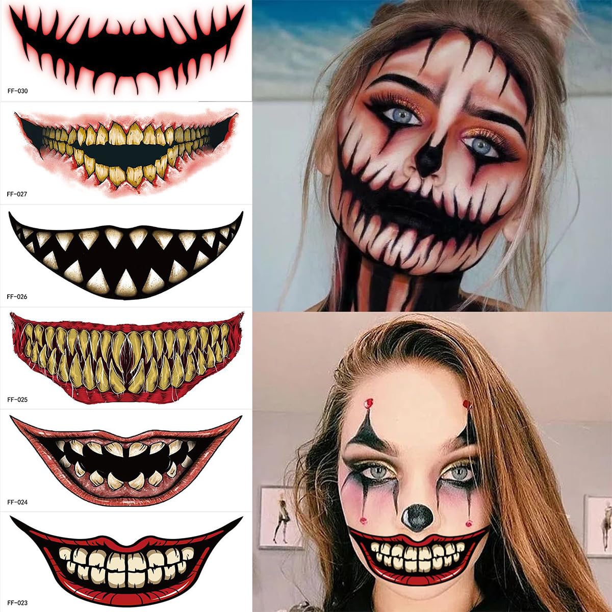 10 hojas de calcomanías temporales de Halloween para tatuajes de broma, para la cara, calcomanías temporales de boca de payaso de terror, heridas de