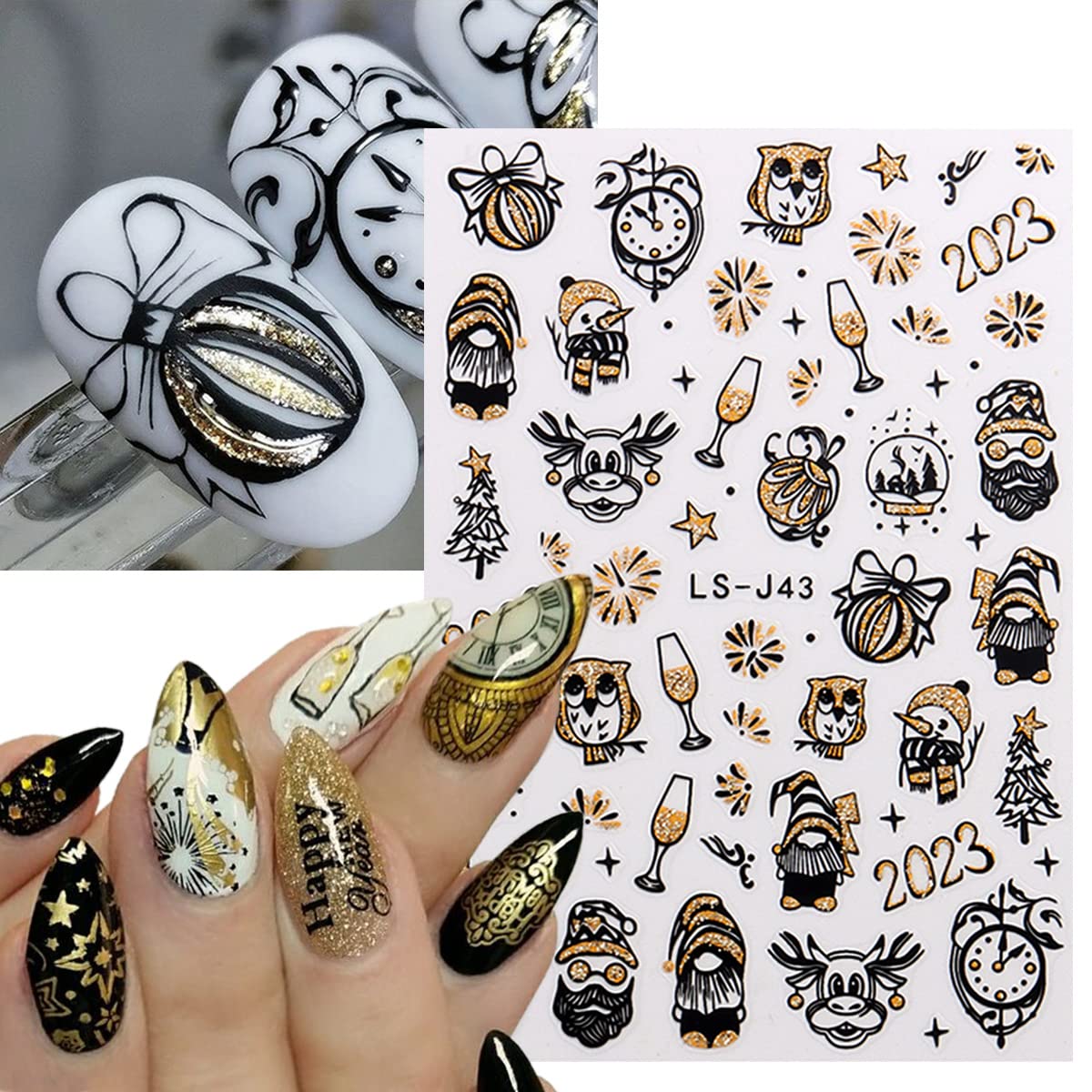 Calcomanías de arte de uñas de Navidad, calcomanías 3D doradas con purpurina para uñas de Año Nuevo, diseño de mariposas, fuegos artificiales, 3D,