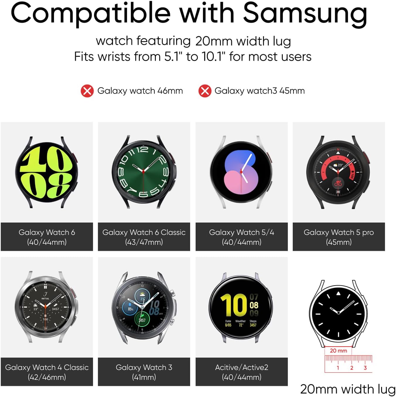 Knossen Correas de reloj de 0.787 in compatibles con Samsung Galaxy Watch 6 5 4 1.575 in 1.732 in, Galaxy Watch 6 4 Classic, Galaxy Watch 5Pro,