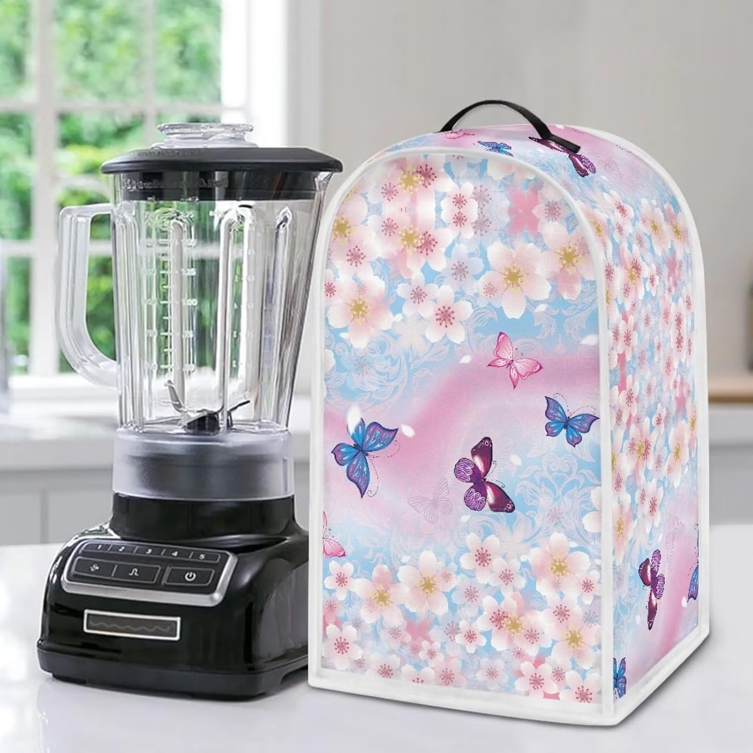 Blossoms – Funda acolchada para licuadora con diseño floral de mariposas para cocina, contra el polvo, huellas dactilares, protección fácil de