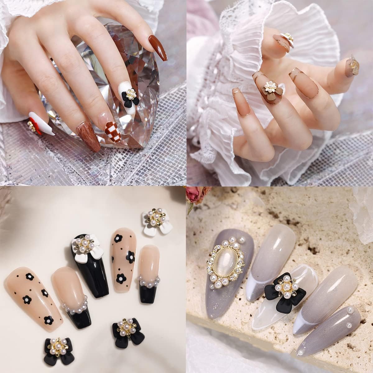 Eseres 12 dijes de uñas Kawaii 3D con lazo para uñas, de aleación colorida, lazo de perlas, accesorio de uñas para mujeres y niñas, decoración de