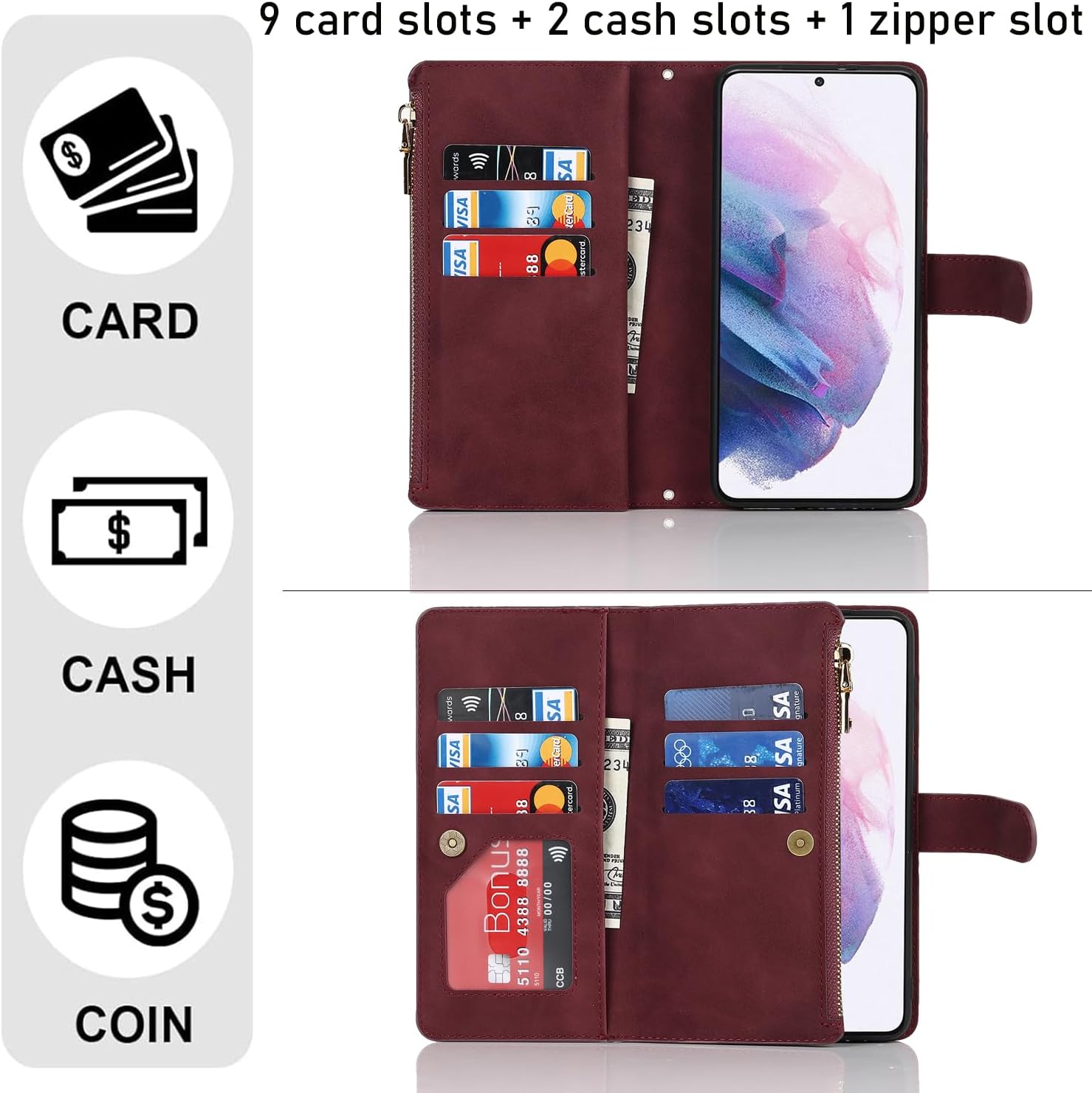 Funda para iPhone 13 Pro Max con tarjetero para iPhone 13 Pro Max, funda tipo cartera magnética de cuero con tapa y soporte de crédito, color rojo