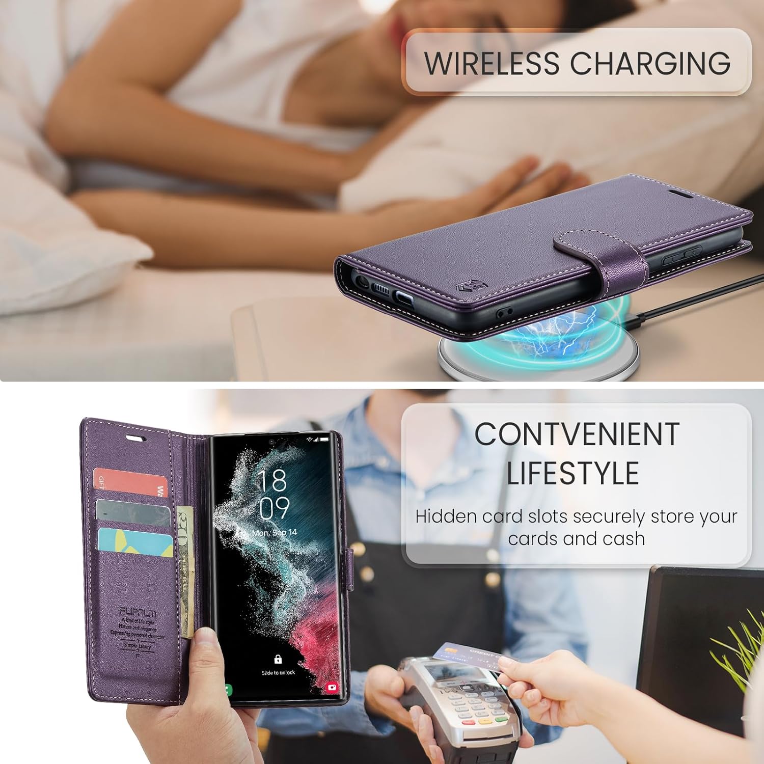 Funda tipo cartera para Samsung Galaxy S22 Ultra con bloqueo RFID, soporte para tarjeta de crédito, de piel sintética, función atril, funda