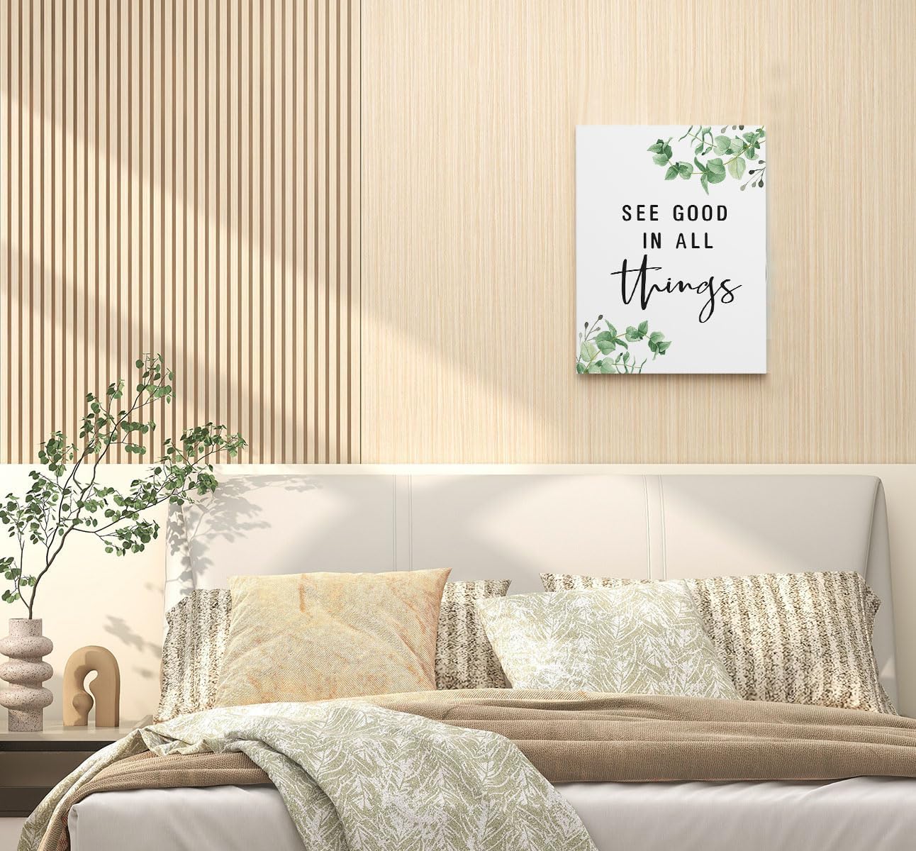 Lienzo enmarcado con citas inspiradoras, See Good In All Things, decoración de pared de 11 x 14 pulgadas, cita motivacional, hojas de eucalipto,
