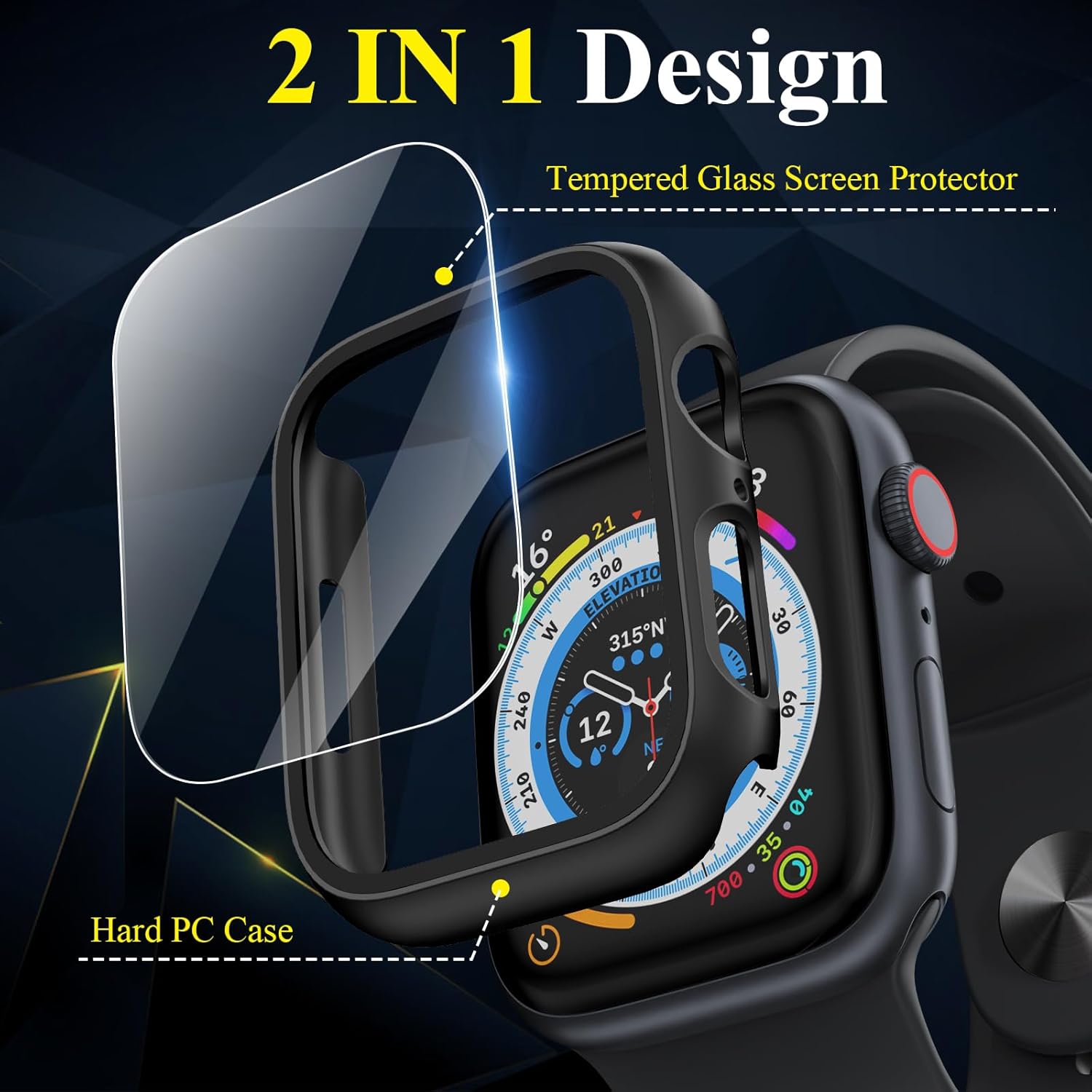 EWUONU – Funda para Apple Watch Series 9, protector de pantalla de 1.614 pulgadas (1.614 in), serie 8 y 7, carcasa rígida de policarbonato duro de