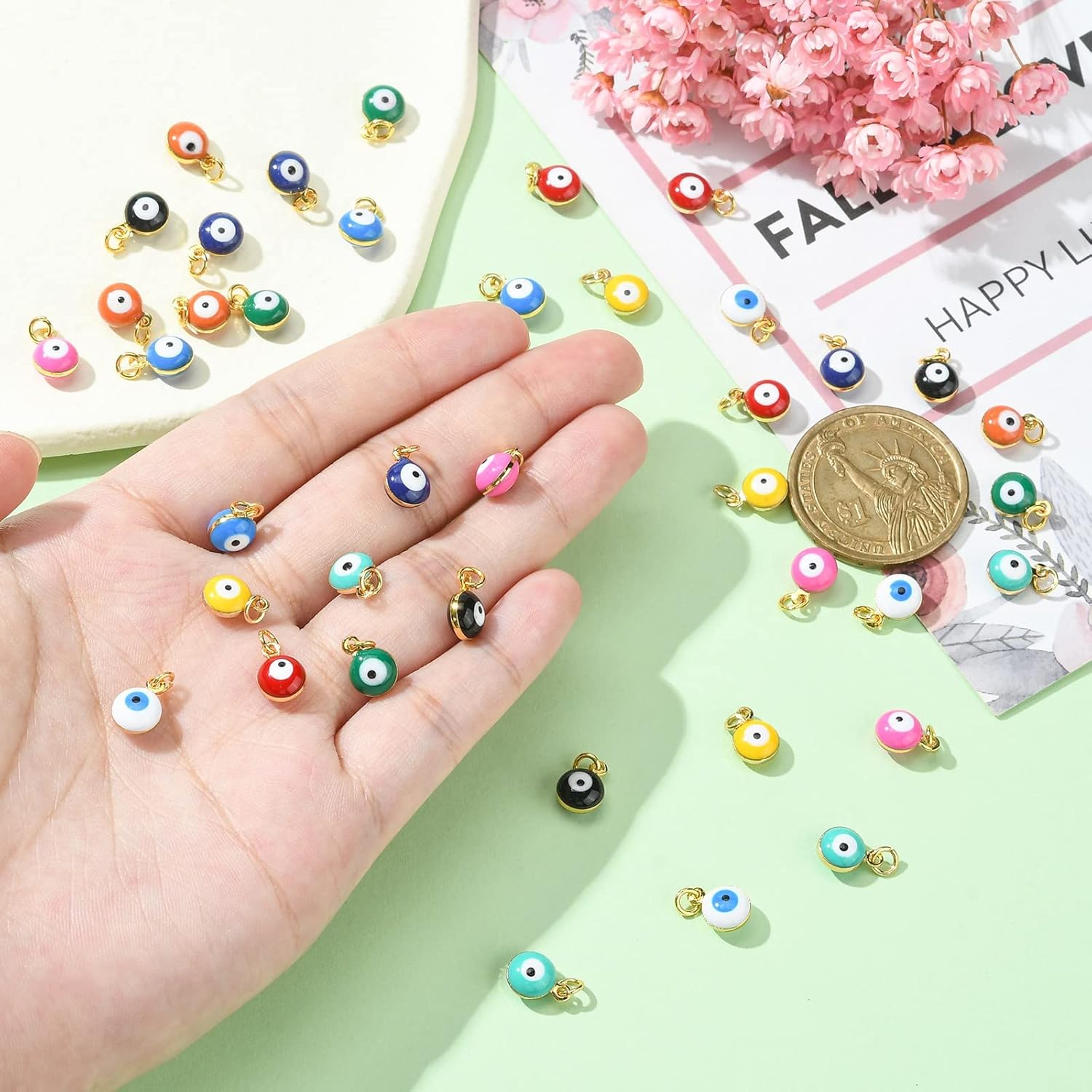DanLingJewelry 50 pcs Random Colors Evil Eye Charms Double-Sided Evil Eye Pendant Charm Colorful Enamel Eye Charm for Jewelry Making