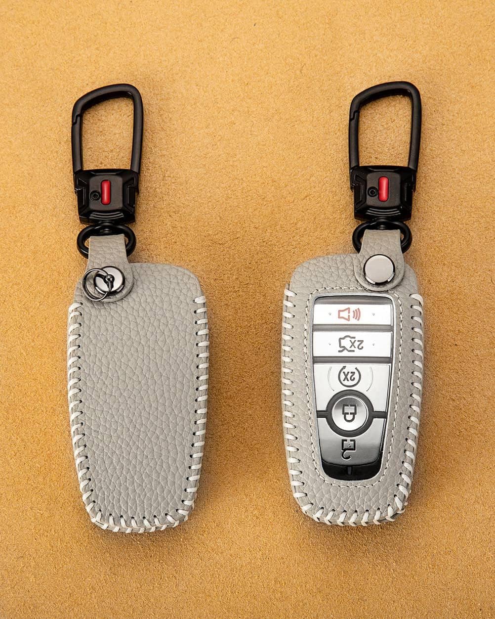 Funda de cuero para llavero Ford con llavero, funda protectora de cuero para llave inteligente de automóvil compatible con Bronco Escape Mustang
