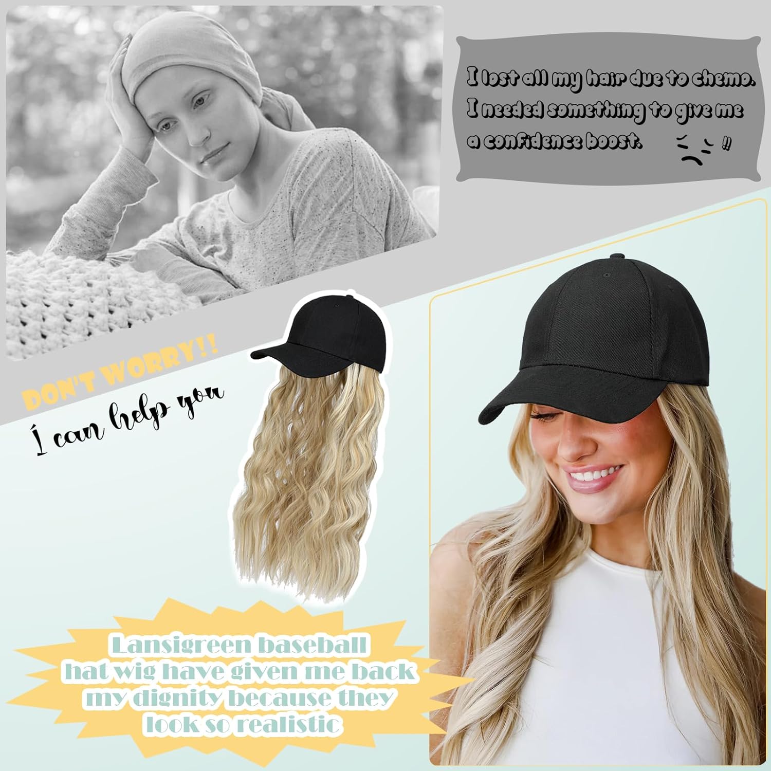 Peluca de gorra de béisbol para mujer, gorra de béisbol con extensiones de cabello, gorra ajustable adjunta de 15 pulgadas, peluca sintética corta y