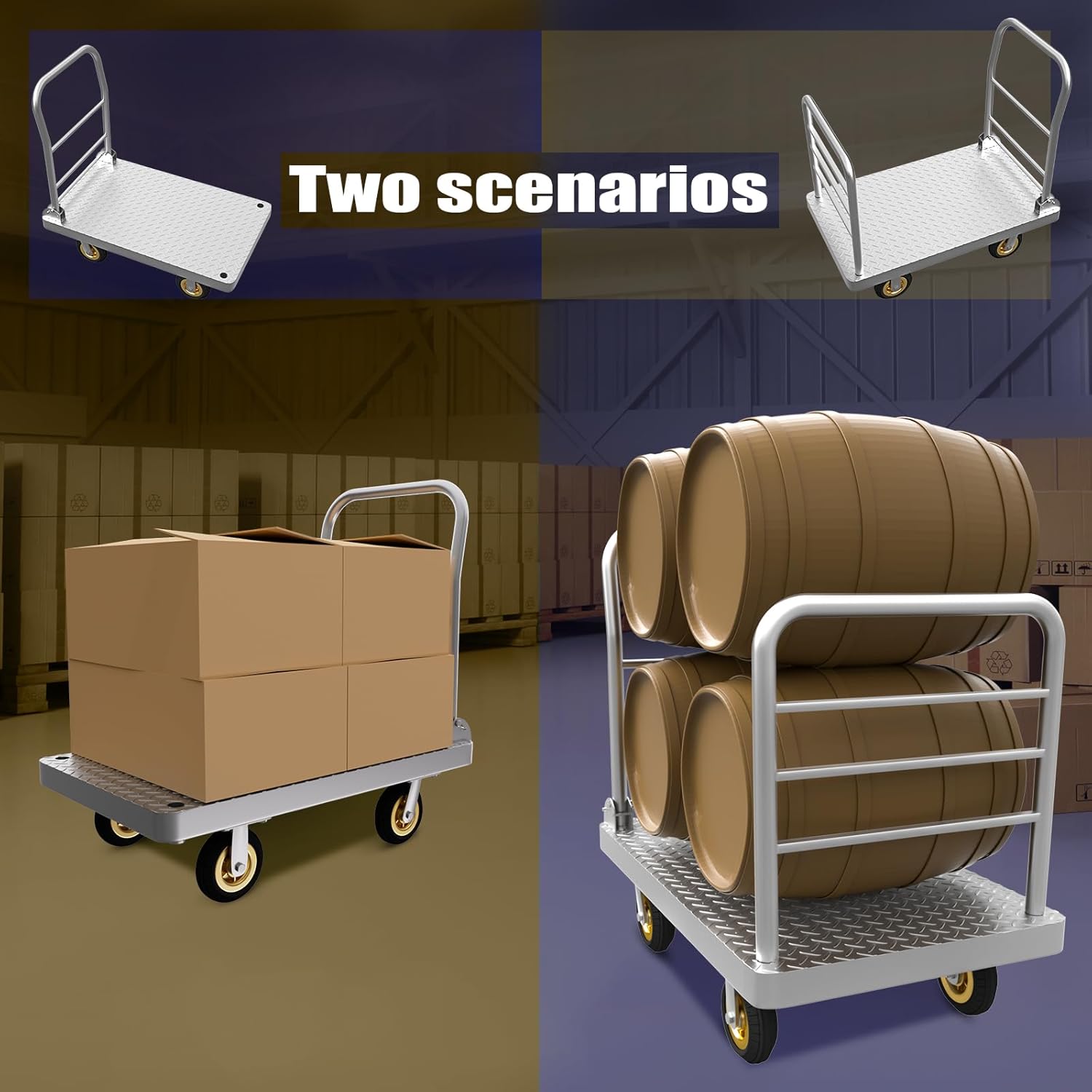 Carrito de camión de plataforma resistente 2 en 1 con barandilla desmontable, carrito de empuje de 2650 libras, carrito de cama plana con ruedas