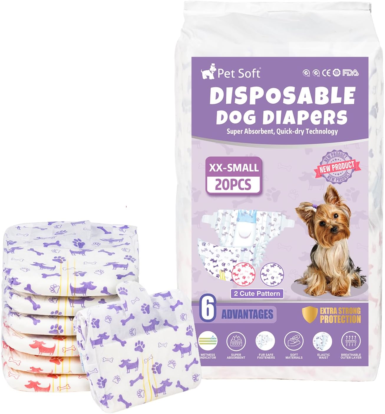 Pet Soft Pañales desechables para perras  Pañales desechables para perritos con indicador de humedad, pañales para cachorros y gatos, súper