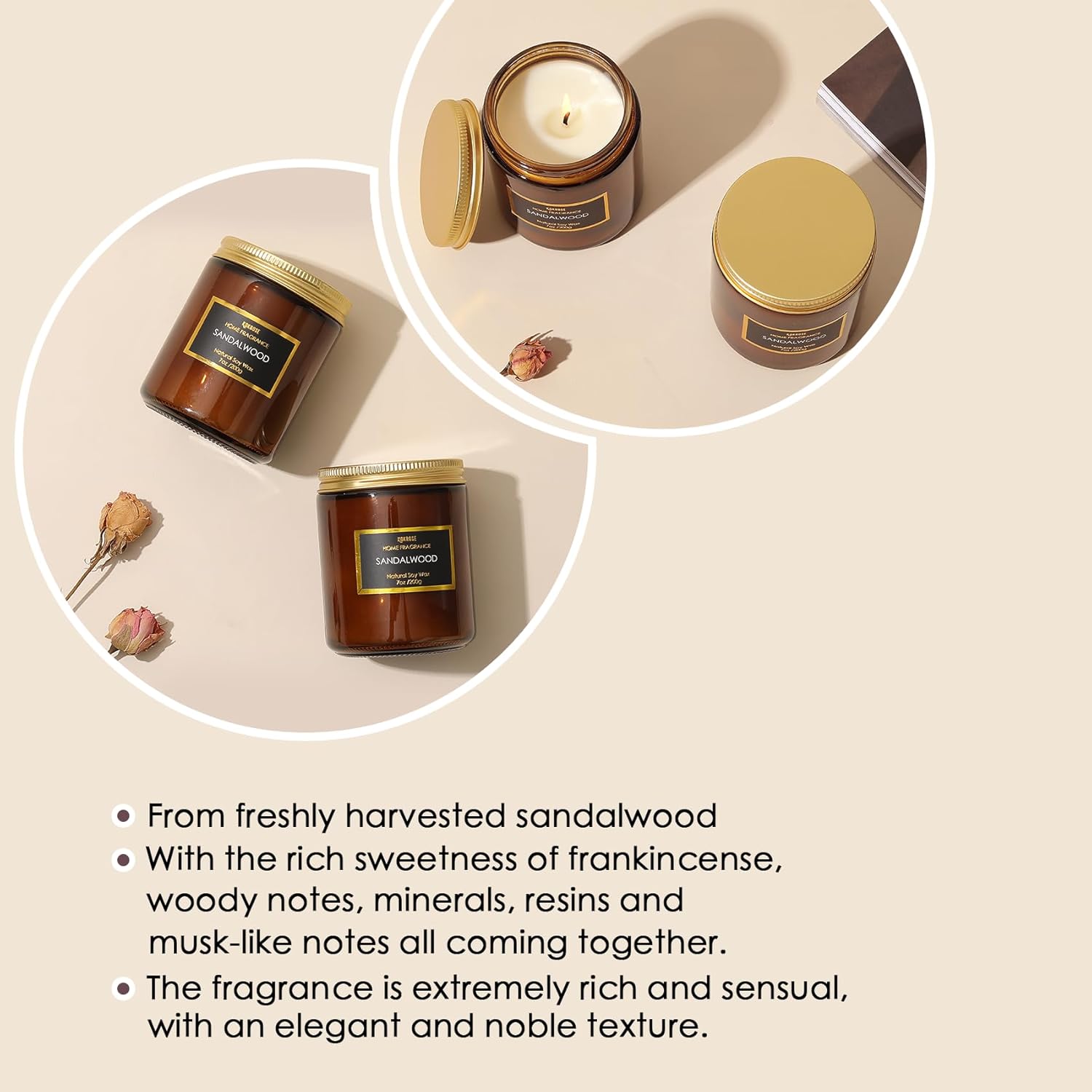 Vela de sándalo en tarro marrón de aromaterapia, cera de soja 100% natural, bonita vela para aliviar el estrés para mujeres, vela de sándalo para