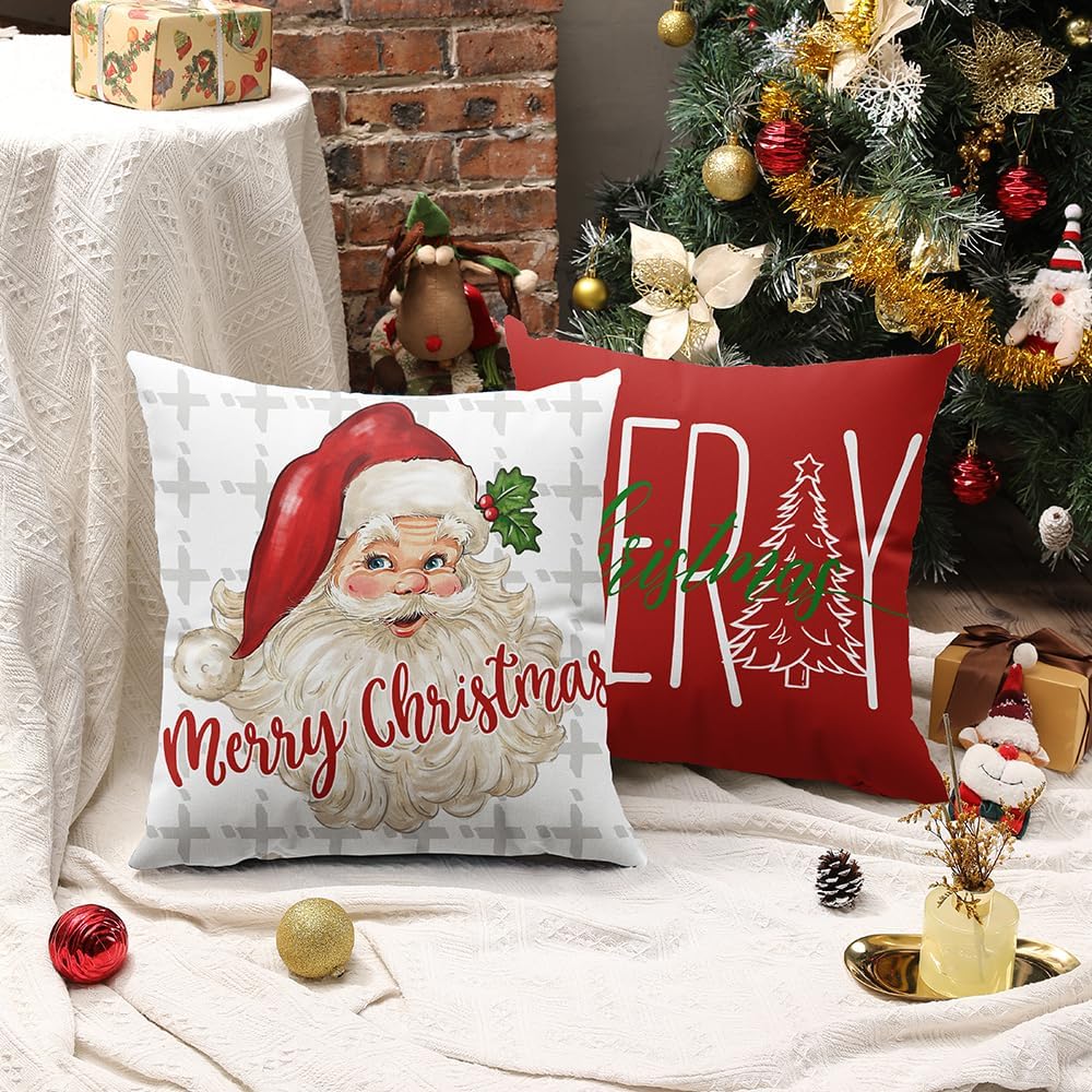DFXSZ Juego de 4 fundas de almohada de Navidad de 18 x 18 pulgadas, diseño de árbol de Navidad, Papá Noel, decoración de casa de campo para el