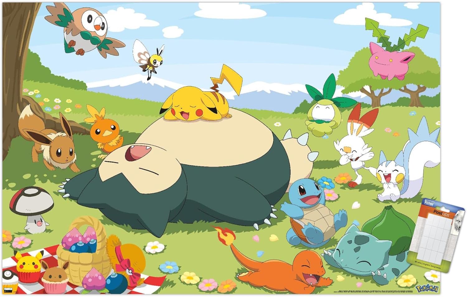 Trends International Pokémon – Póster de pared de picnic grupal, 22.375 x 34 pulgadas, paquete de póster y montaje prémium