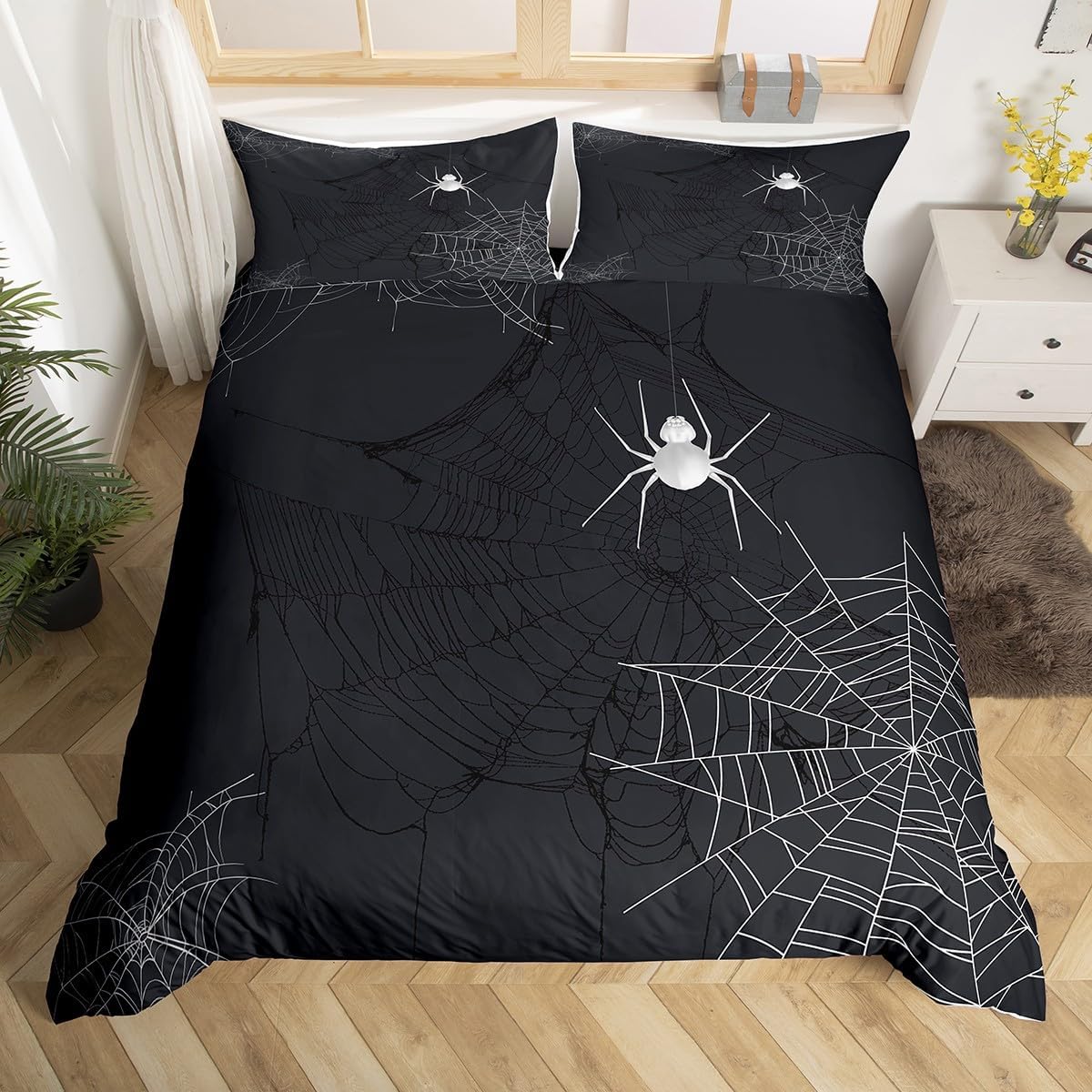 Juego de ropa de cama de tela de araña, tamaño matrimonial, para niños, niñas, adolescentes, color blanco y negro, funda de edredón transpirable con
