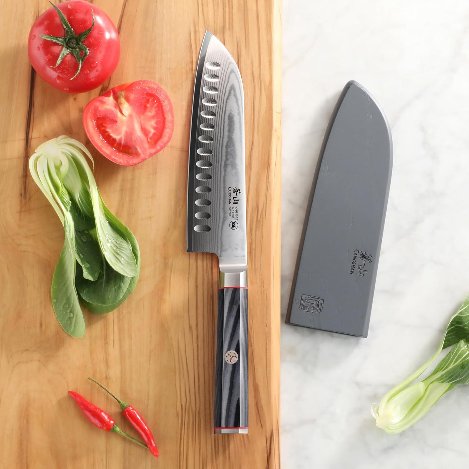 Cangshan YARI Series 501240 X-7 Cuchillo Santoku de acero Damasco de 7 pulgadas con funda