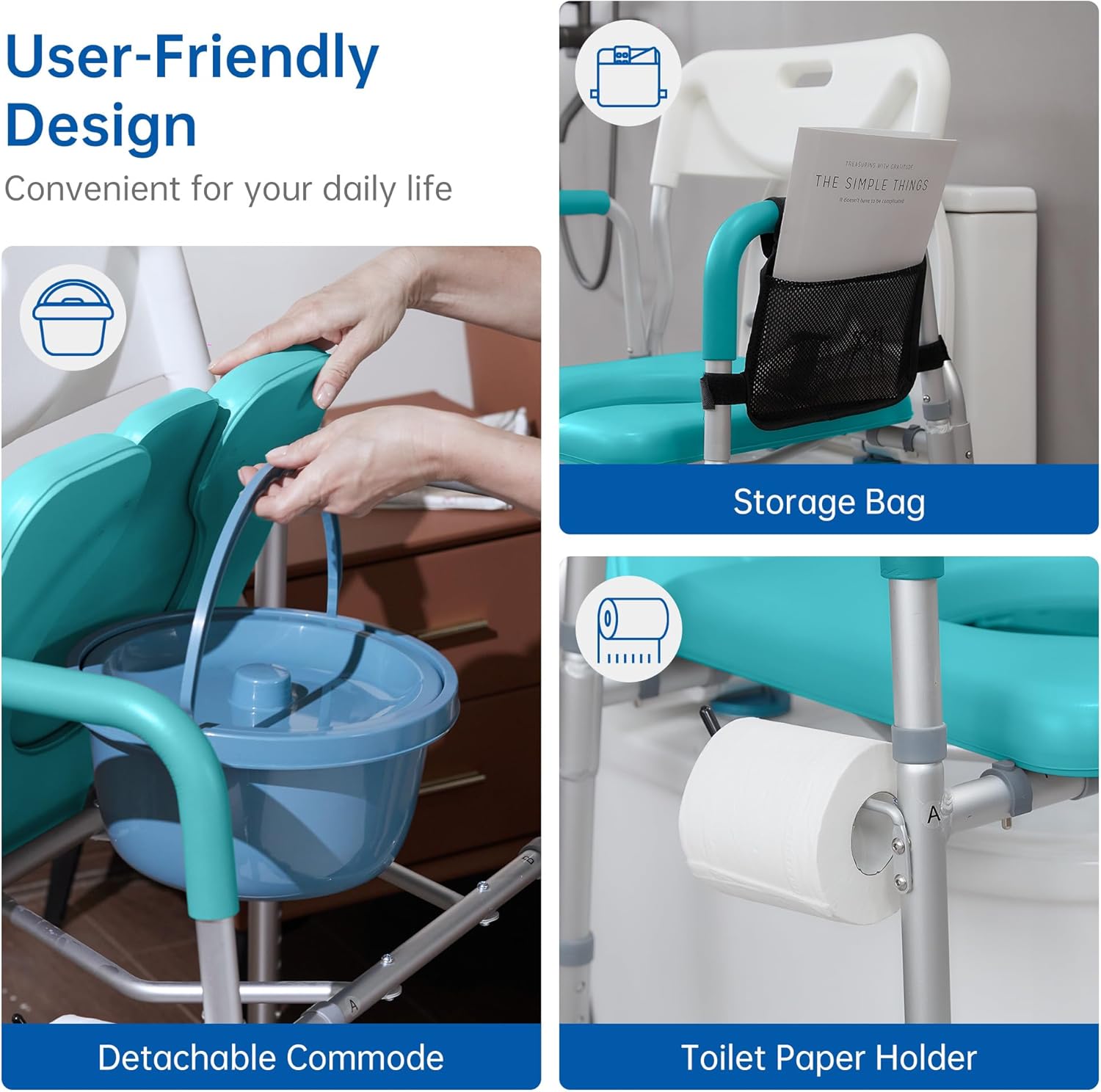 Asiento de inodoro elevado con reposabrazos y respaldo, Elevador de asiento de inodoro elevado, Silla médica de mesita de noche, Silla de ducha con